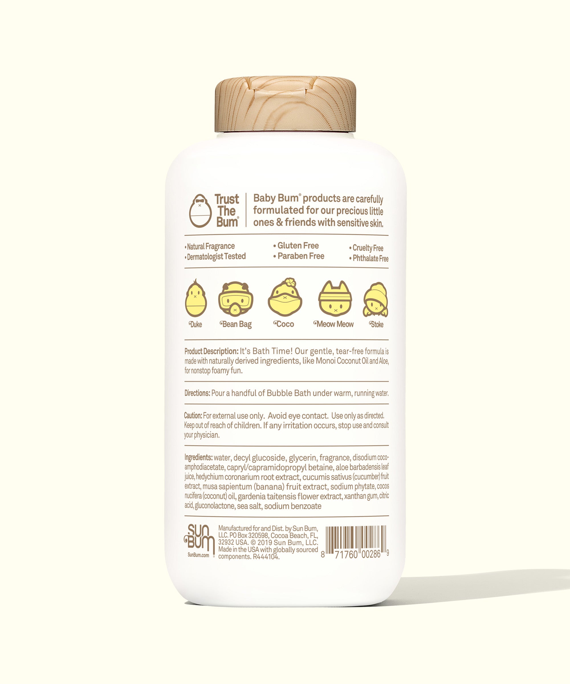 Back view of Baby Bum Bubble Bath bottle with natural ingredients and product information, Baby Bum.