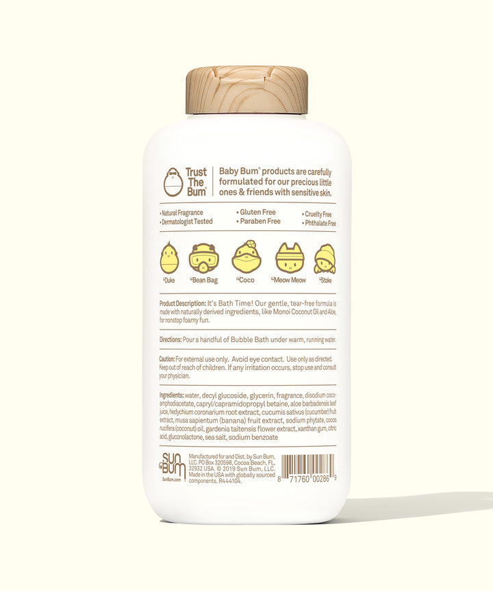 Back view of Baby Bum Bubble Bath bottle with natural ingredients and product information, Baby Bum.