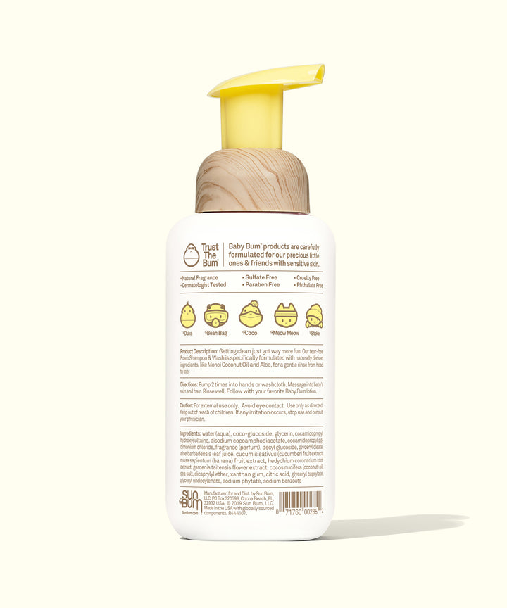 Back view of Baby Bum Foaming Shampoo & Wash bottle with a yellow pump, showcasing product details. Baby Bum.