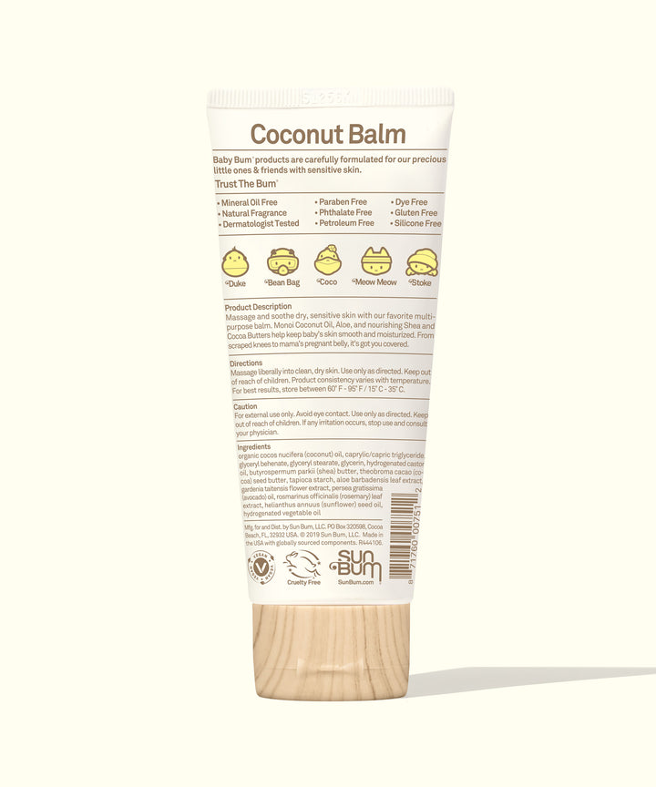 Tube of Baby Bum Natural Monoi Coconut Balm with product details on the label, featuring natural ingredients and benefits for dry, sensitive skin and stretch marks, Baby Bum.