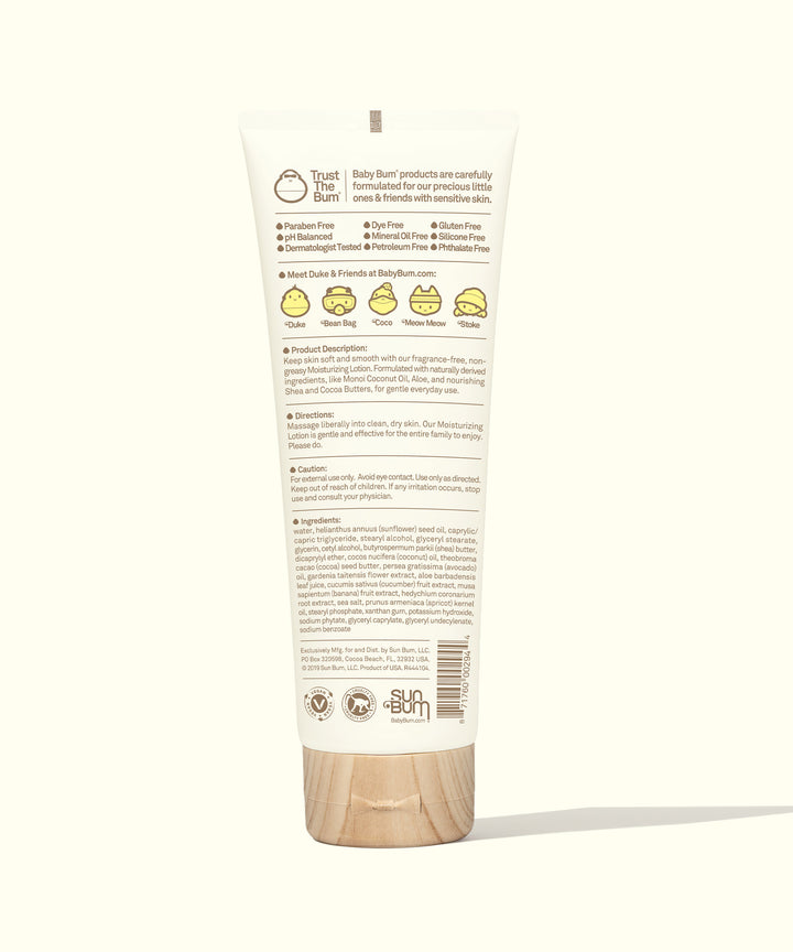 Back view of Baby Bum Moisturizing Lotion tube, featuring non-greasy formula with Monoi Coconut Oil, Shea, and Cocoa Butters for soft and smooth baby skin. Baby Bum.