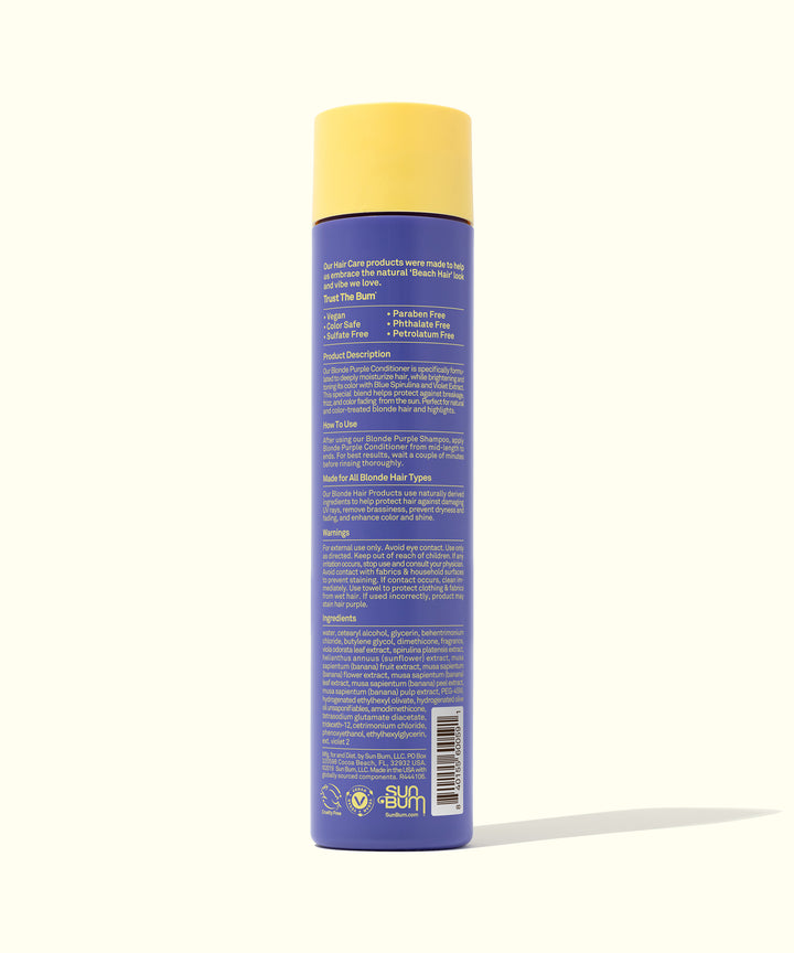 Back view of Sun Bum Blonde Purple Conditioner, detailing product information and ingredients for cooling down warm tones in blonde and brunette hair. Sun Bum.