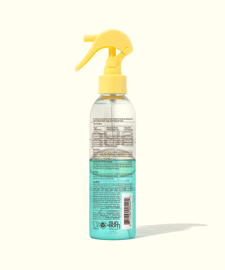 Clear bottle with yellow spray nozzle containing heat protection spray to reduce blow-dry time and protect hair from frizz and thermal heat damage. Sun Bum.