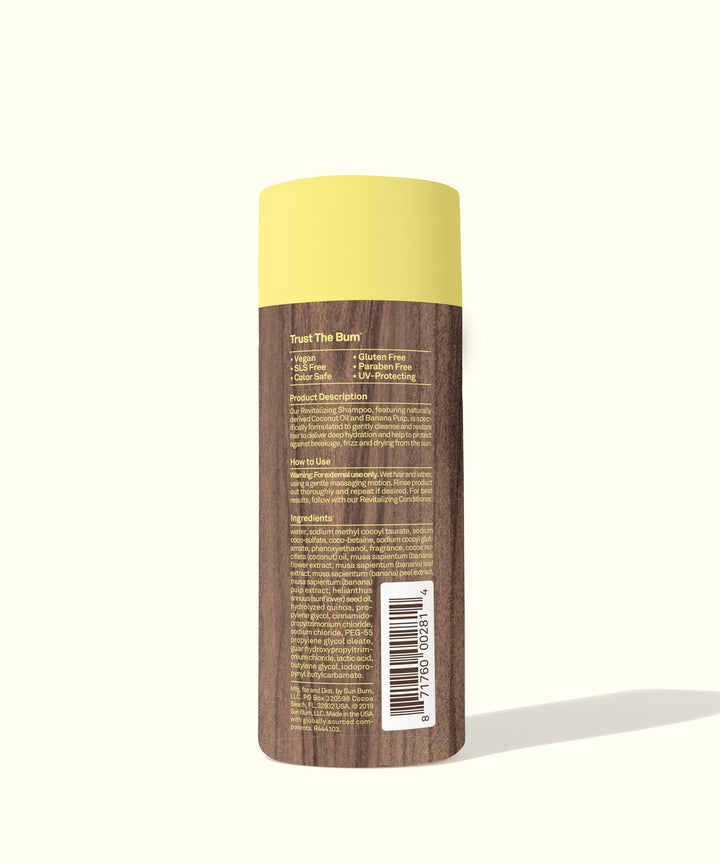 Revitalizing Shampoo bottle featuring deep nutrition and intense moisture with Coconut Oil, Banana, and Sunflower Seed Oil, Sun Bum