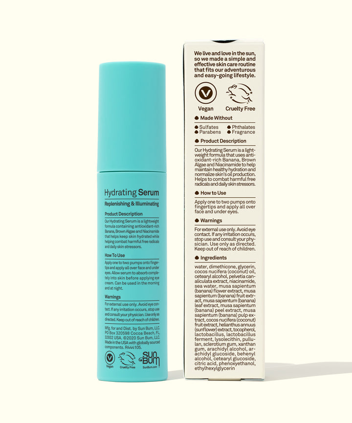 Hydrating Serum by Sun Bum with nourishing Banana, Brown Algae, and Niacinamide for daily moisture and protection.