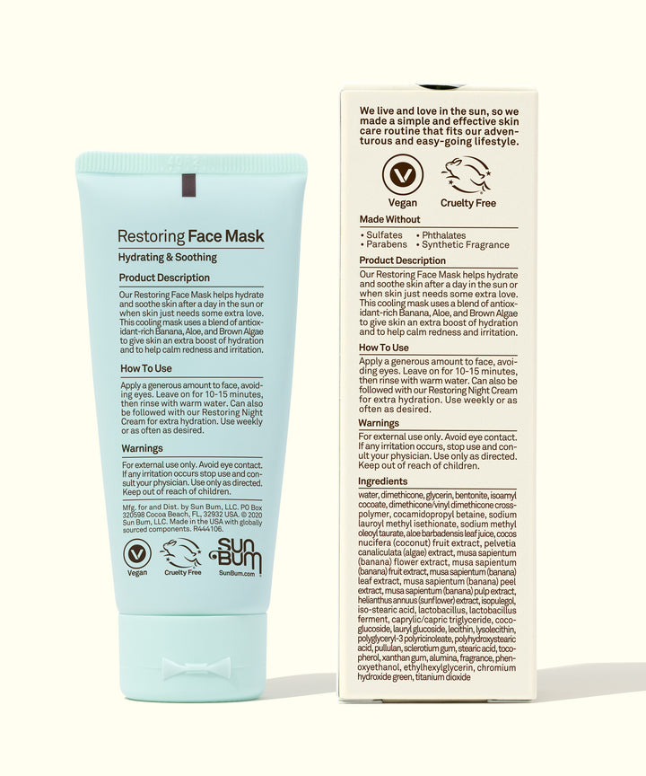 Light blue tube of Restoring Face Mask with soothing blend of Banana, Aloe, and Brown Algae for hydration and calming redness, Sun Bum.