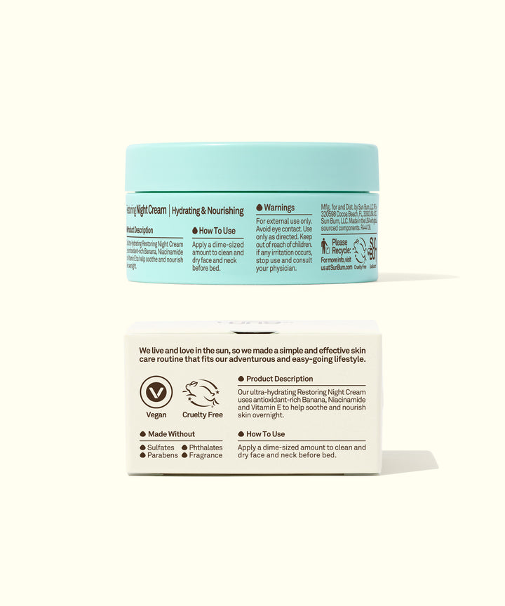 Restoring Night Cream jar with label describing hydrating and nourishing benefits, featuring antioxidant-rich Banana, Niacinamide, and Vitamin E. Sweet dreams and skincare bliss by Sun Bum,