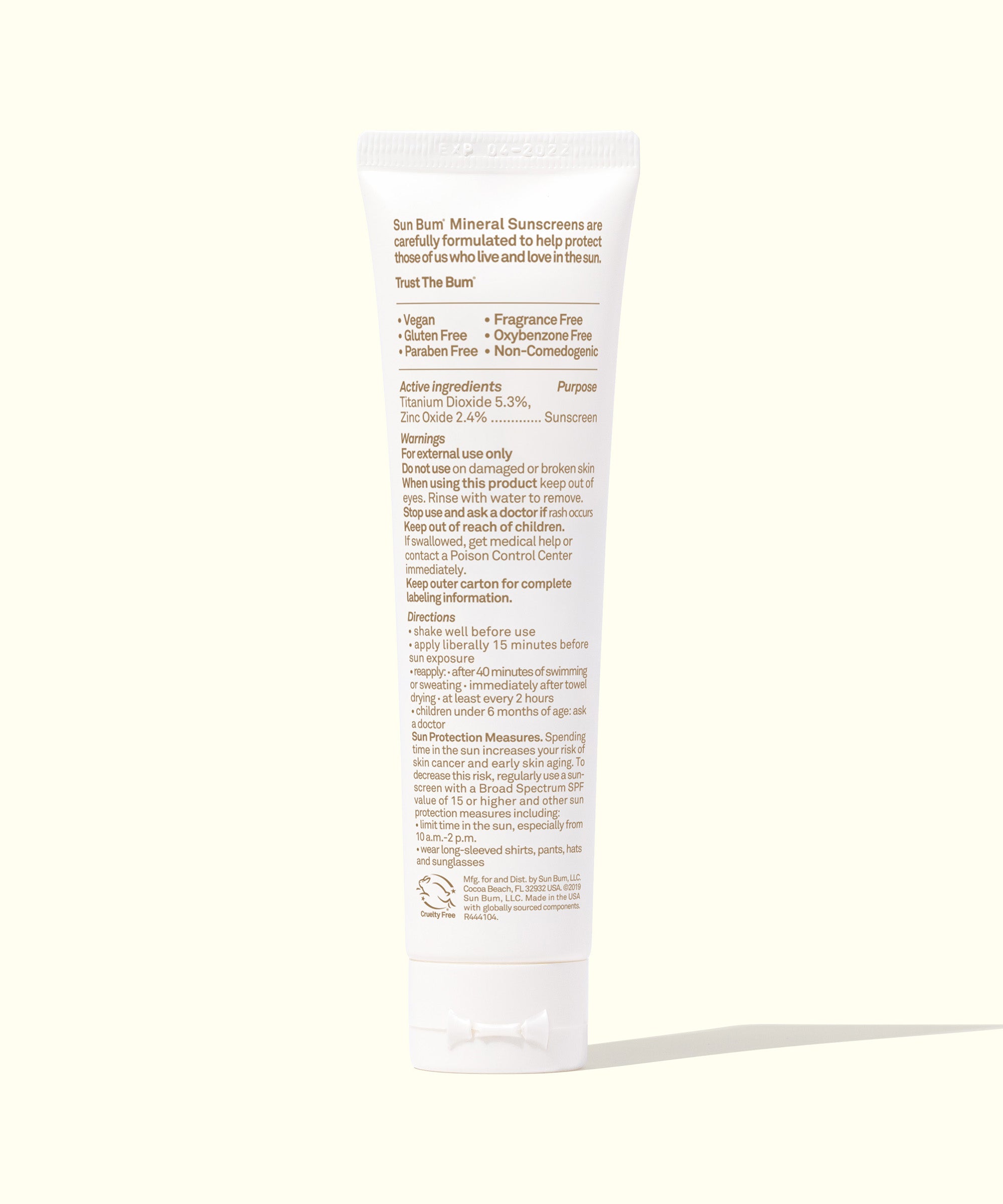 Back view of a tube of Mineral SPF 30 Sunscreen Face Lotion, showcasing the ingredients and features like Fragrance Free, non-tinted, lightweight, vegan formula by Sun Bum.