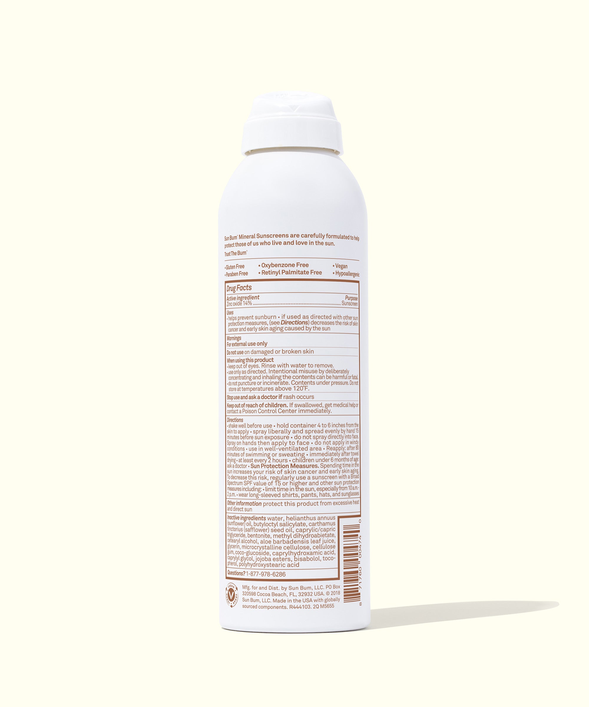 Mineral SPF 30 Sunscreen Spray with non-aerosol compression in a B.O.V container, fragrance-free and zinc-based, Sun Bum.