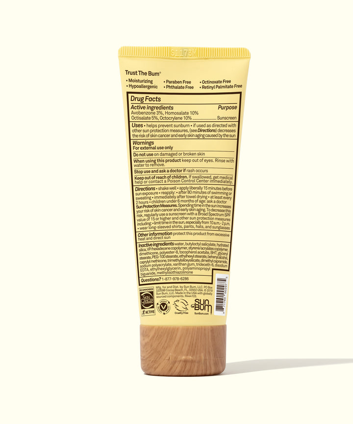 Back view of the Sun Bum Original SPF 50 Sunscreen Face Lotion tube detailing product information, ingredients, and usage directions. Sun Bum.