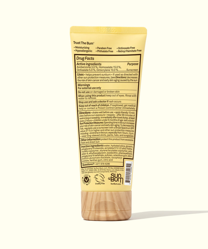 Back view of the Original SPF 70 Sunscreen Face Lotion tube with detailed product information, Sun Bum,