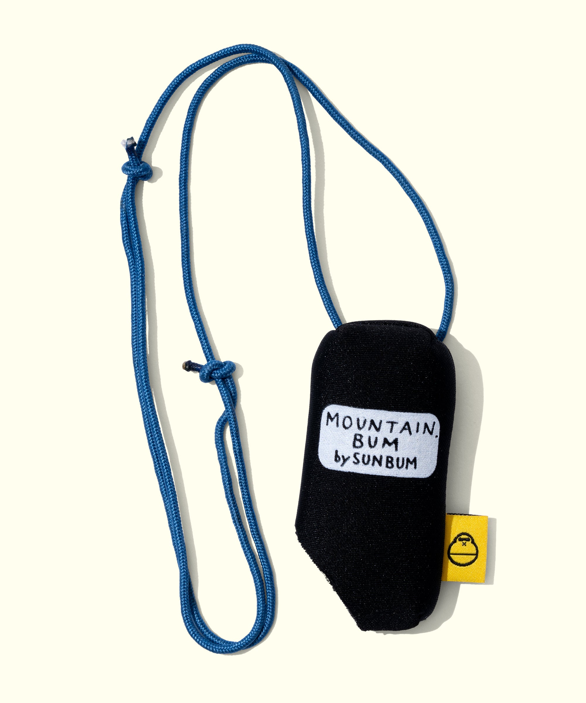 Black pouch with blue strap labeled 'Mountain Bum by Sunbum' on a white background