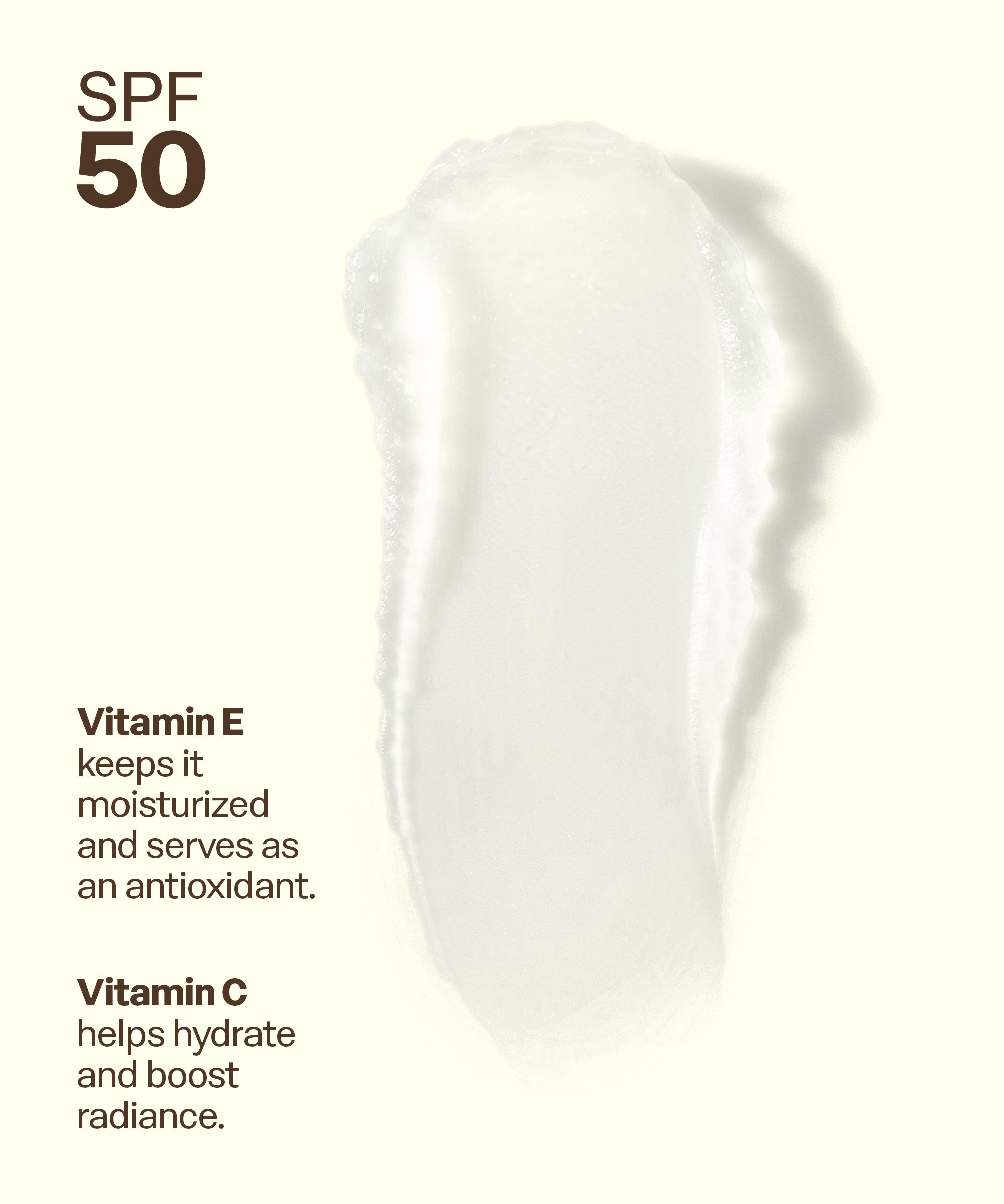 White skincare product with SPF 50 text and vitamin benefits on a light background