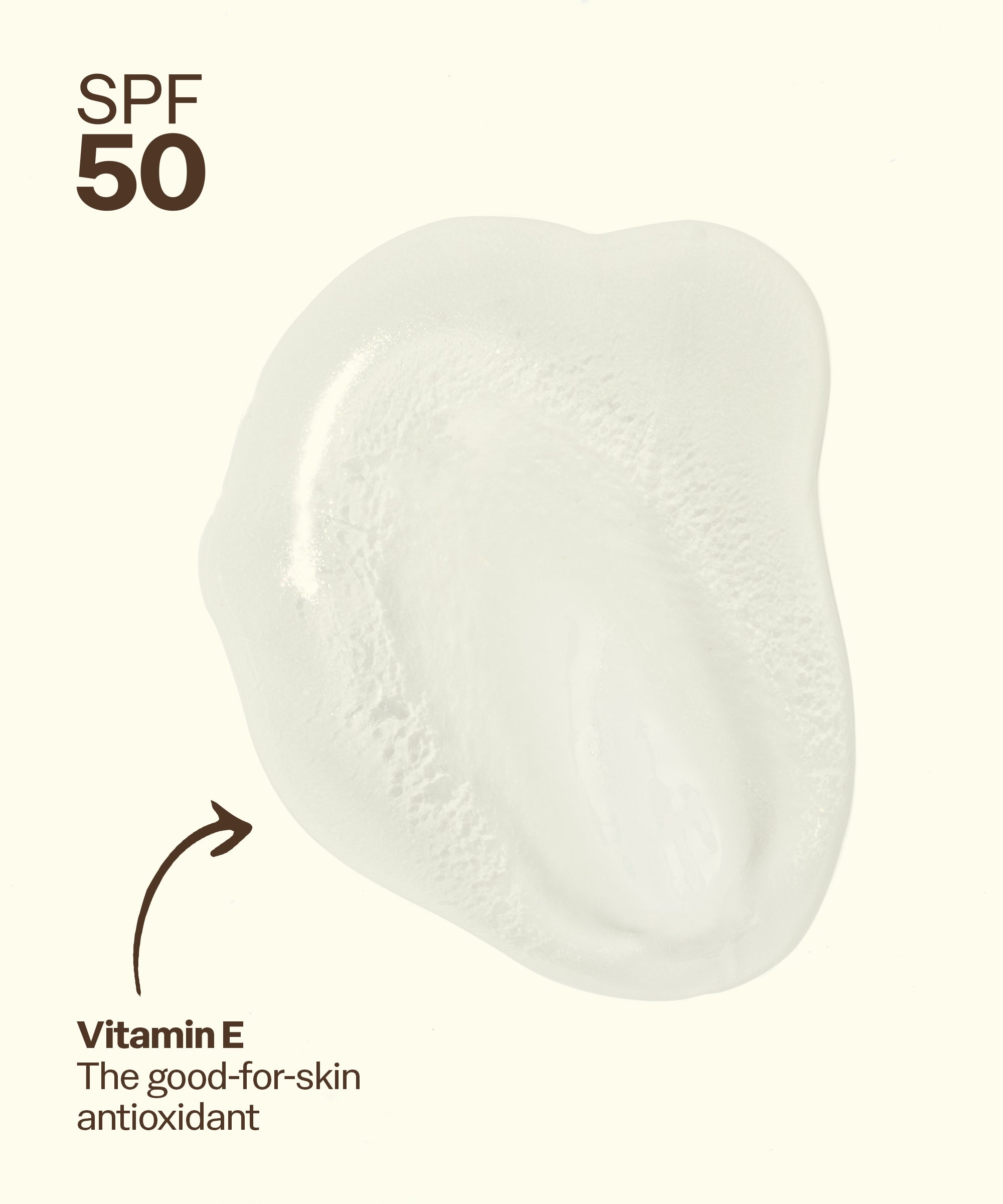 White sunscreen gel with SPF 50 and vitamin E text on a white background. Vitamin E The good-for-skin antioxidant.