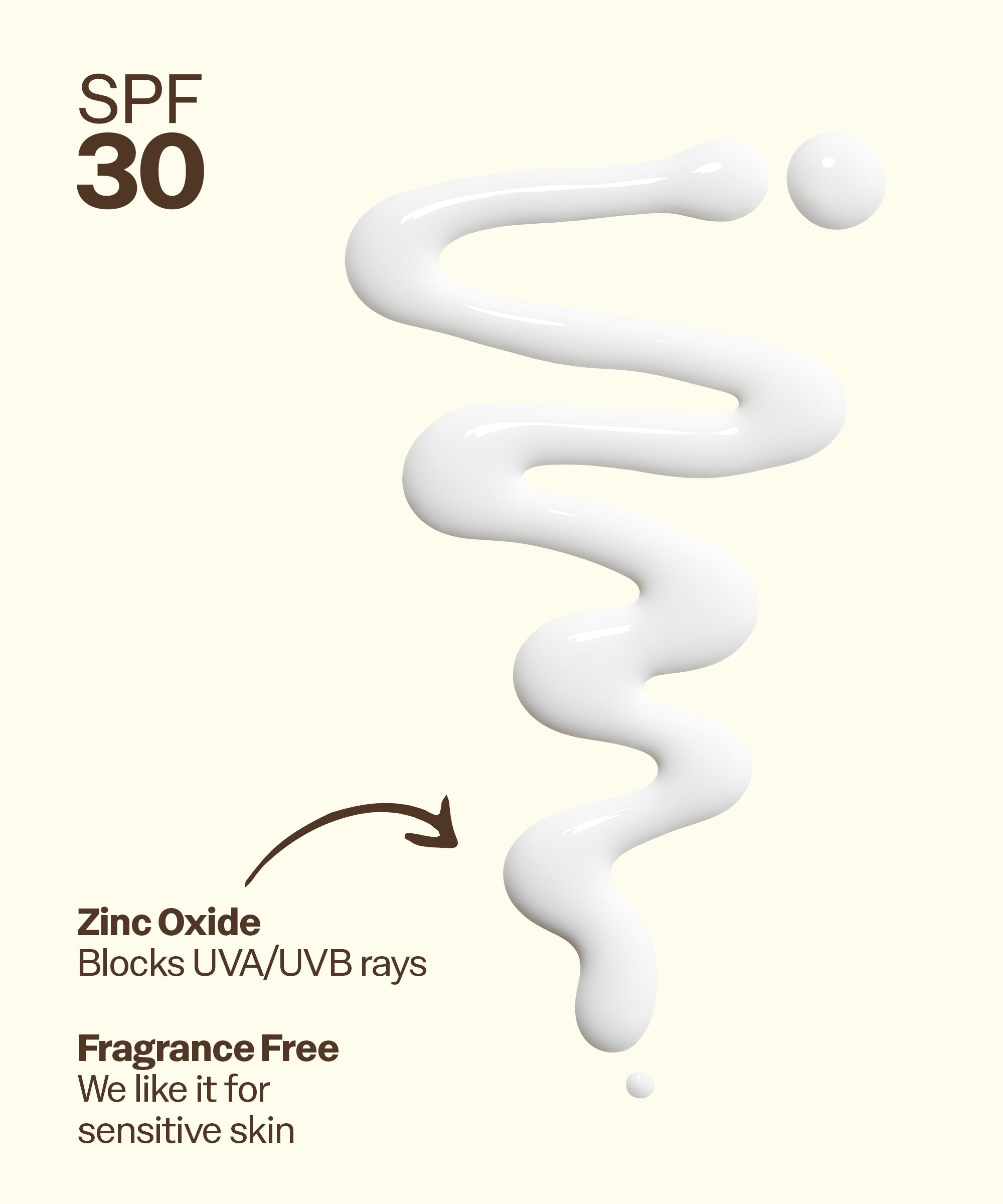 Spiral of white cream with SPF 30 text and zinc oxide benefits on a beige background