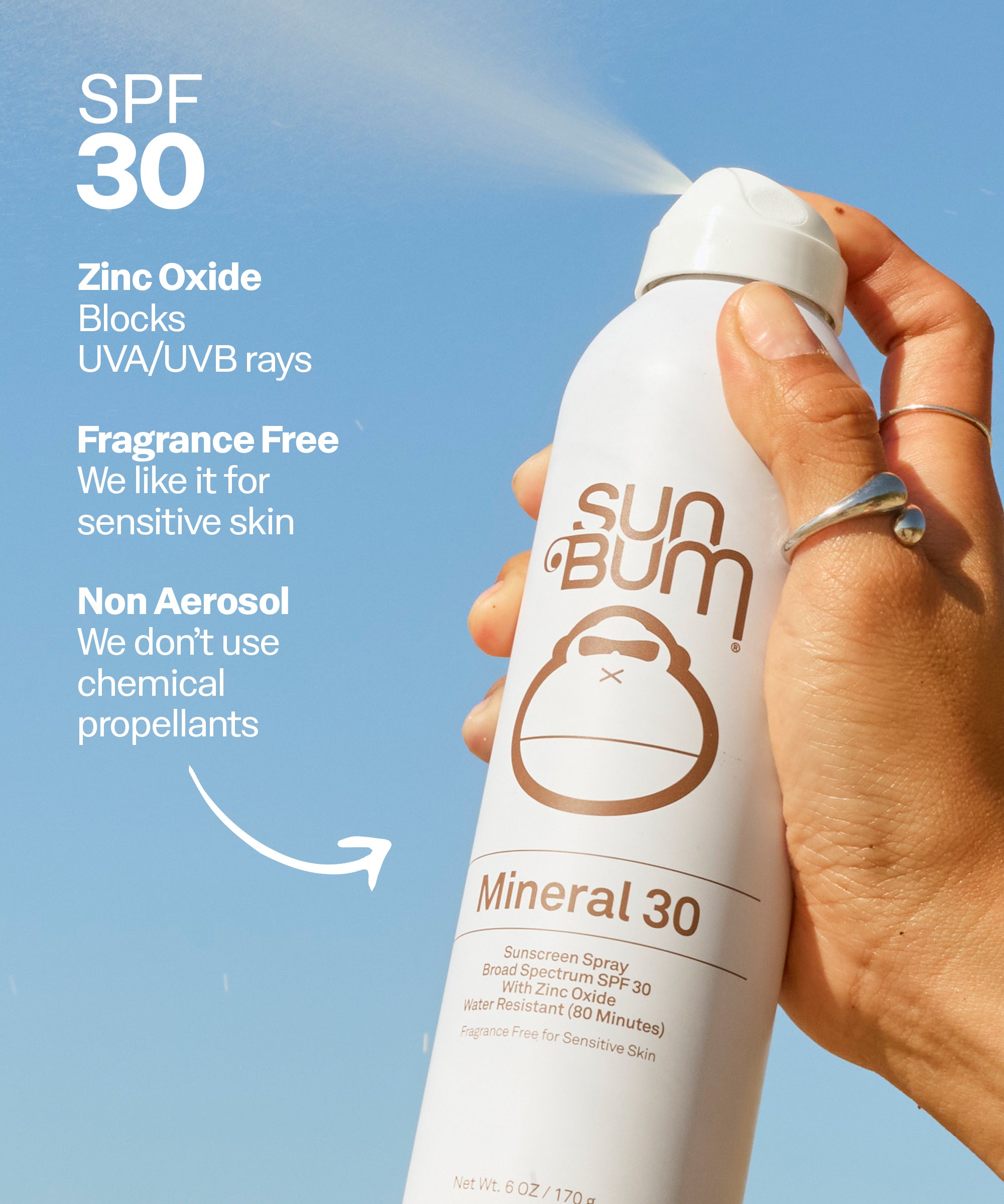 Hand holding a Sun Bum Mineral 30 sunscreen spray bottle with product details on a blue background. Zinc Oxide
Blocks
UVA/UVB rays
Fragrance Free
We like it for sensitive skin
Non Aerosol
We don't use chemical propellants