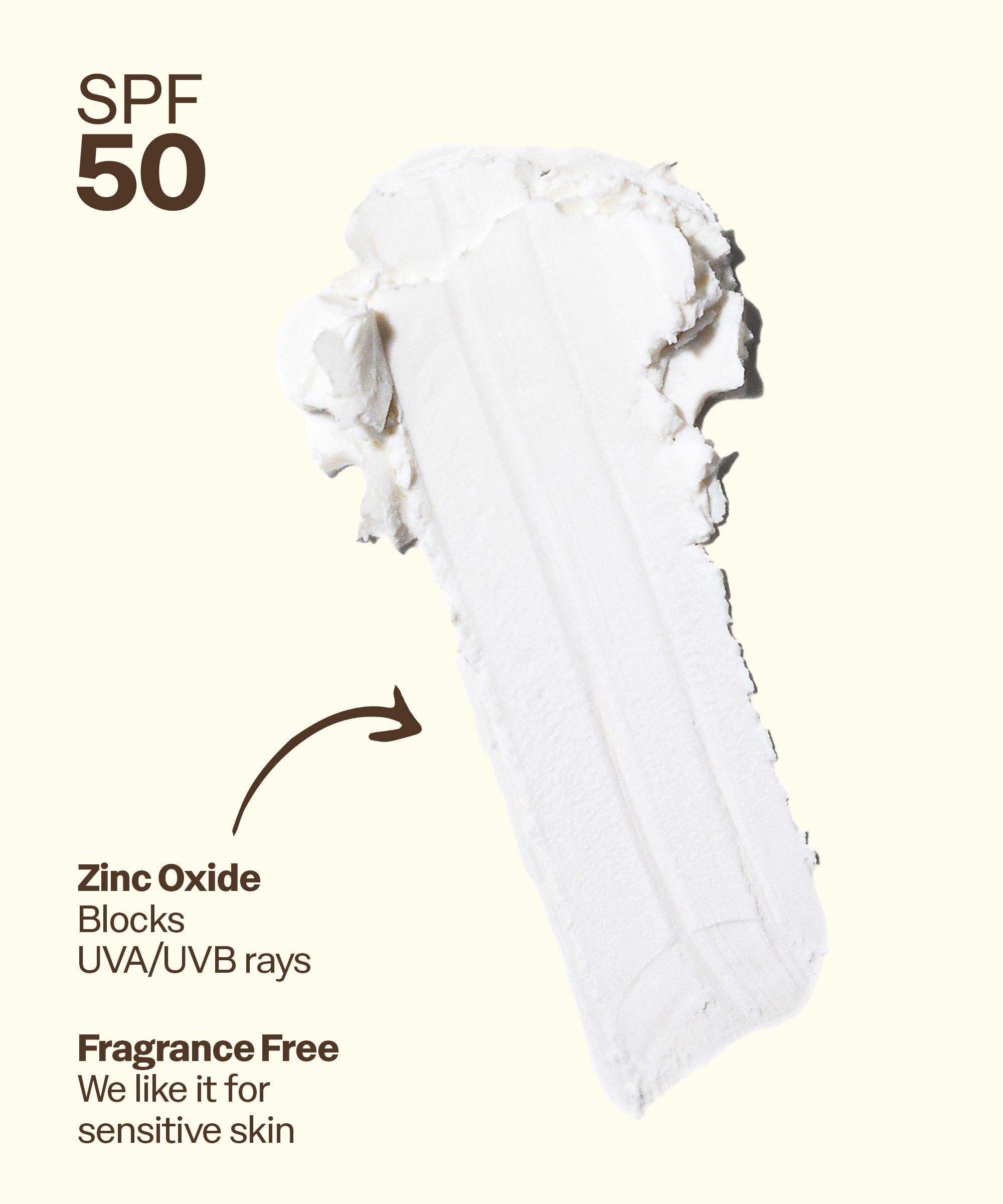 White sunscreen cream with SPF 50 and zinc oxide information on a light beige background