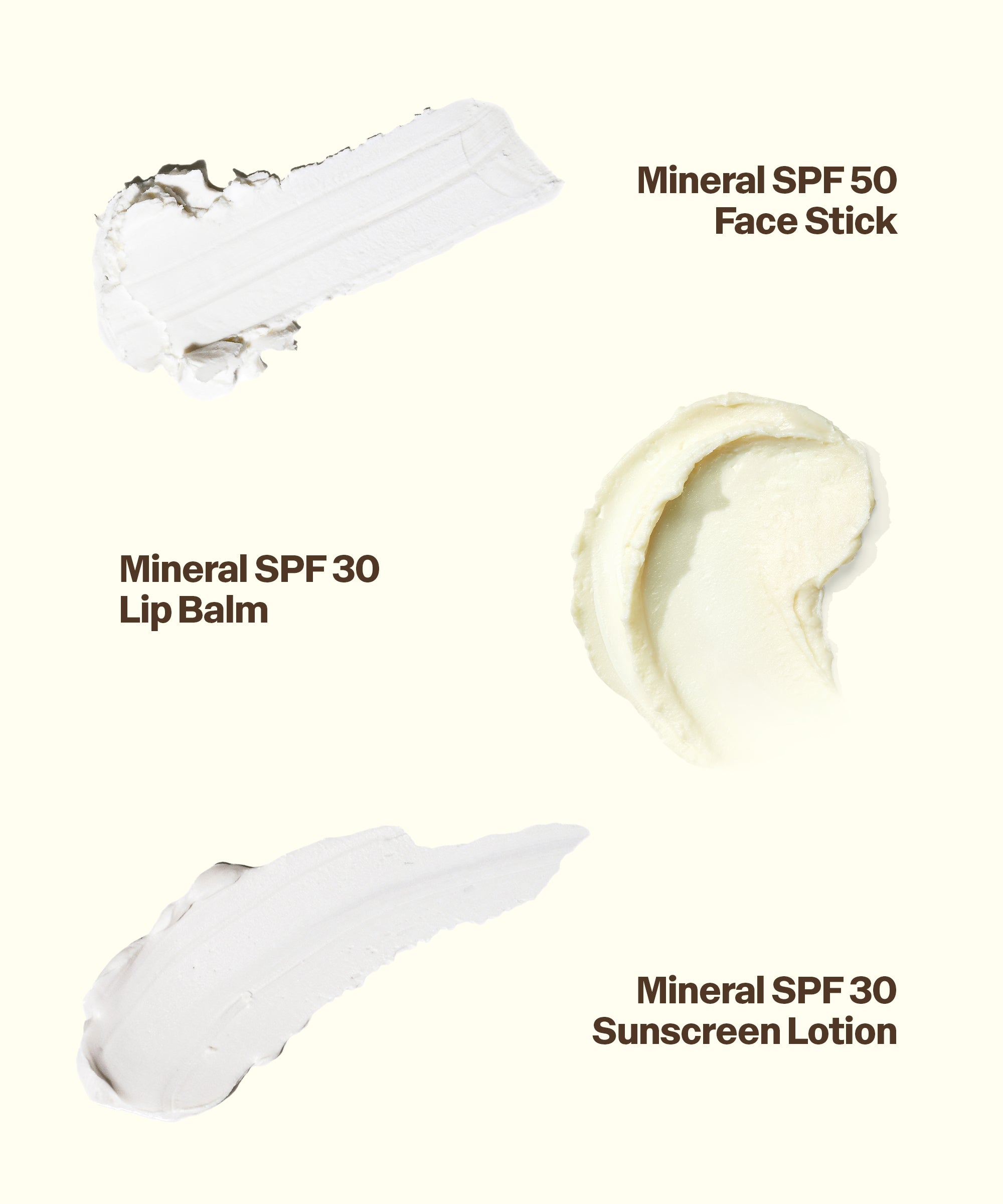 Sun Bum Road Tripper - Mineral SPF 50 face stick, SPF 30 lip balm, and SPF 30 sunscreen lotion textures displayed