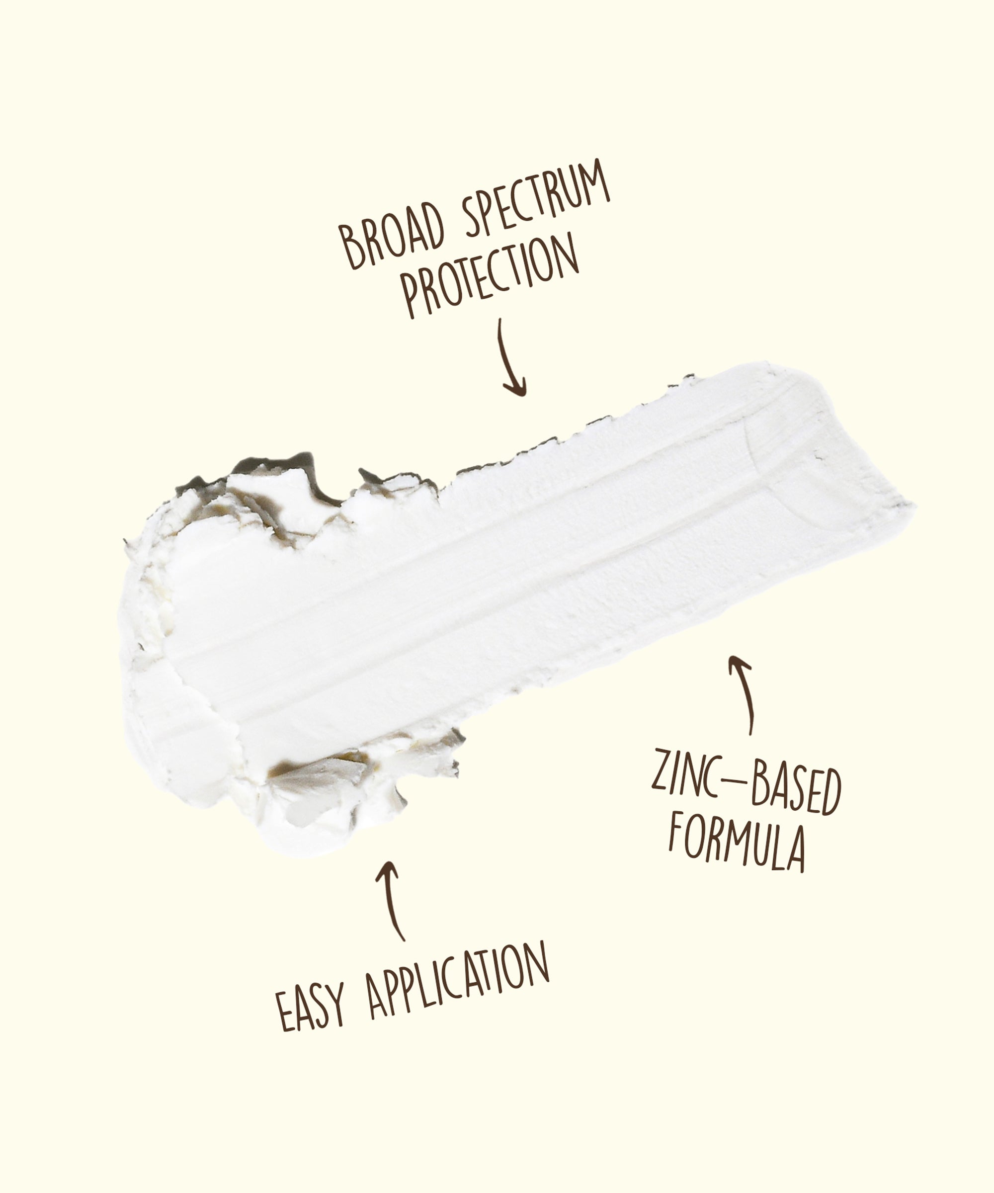 Zinc-based sunscreen stick with text highlighting features on a white background