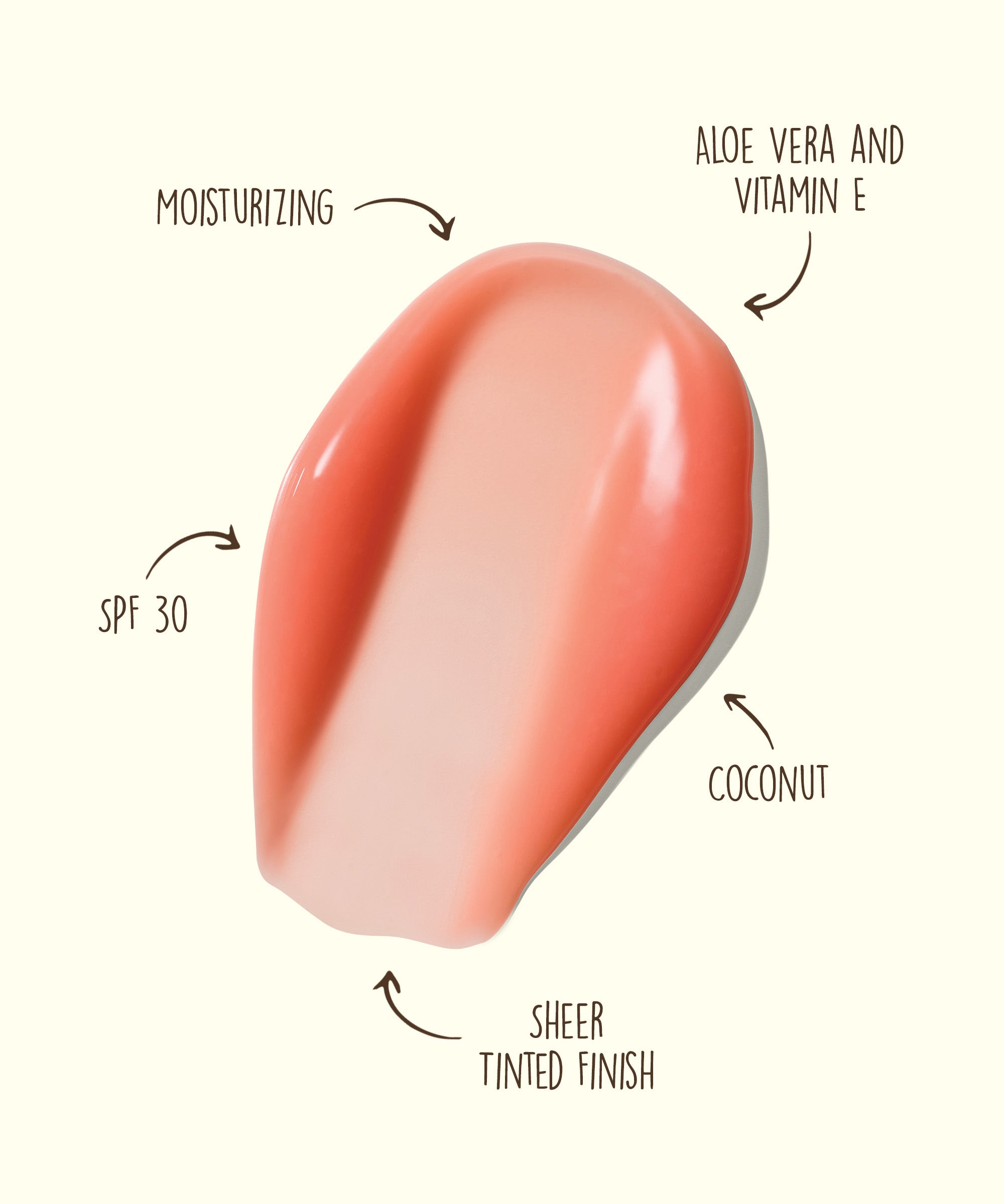 Lip balm with text indicating SPF 30, moisturizing properties, aloe vera and vitamin E, coconut scent, and sheer tinted finish.