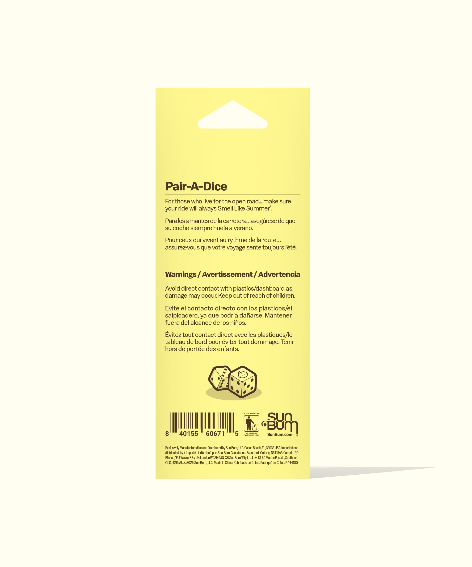 Yellow packaging for 'Pair-A-Dice' with text and a barcode on a white background