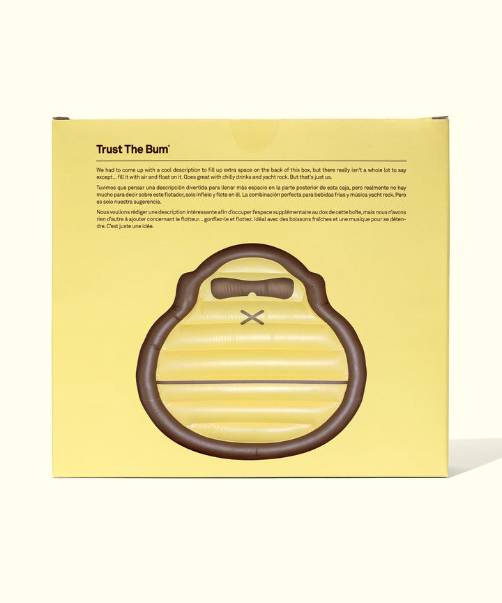 Yellow and brown Sonny Pool Float inflatable with handle, perfect for water fun by Sun Bum.