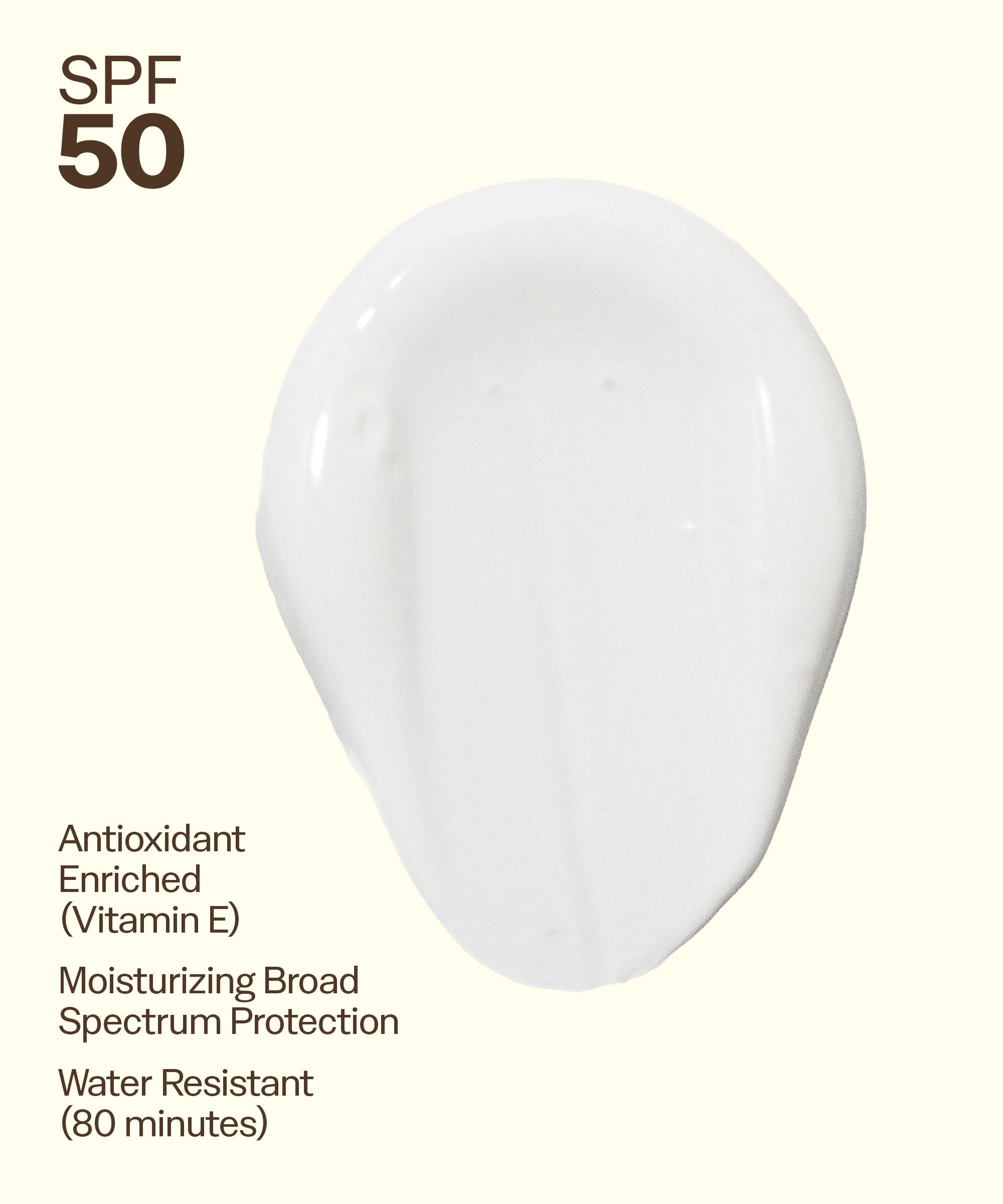 White sunscreen product with SPF 50 and additional benefits on a light yellow background