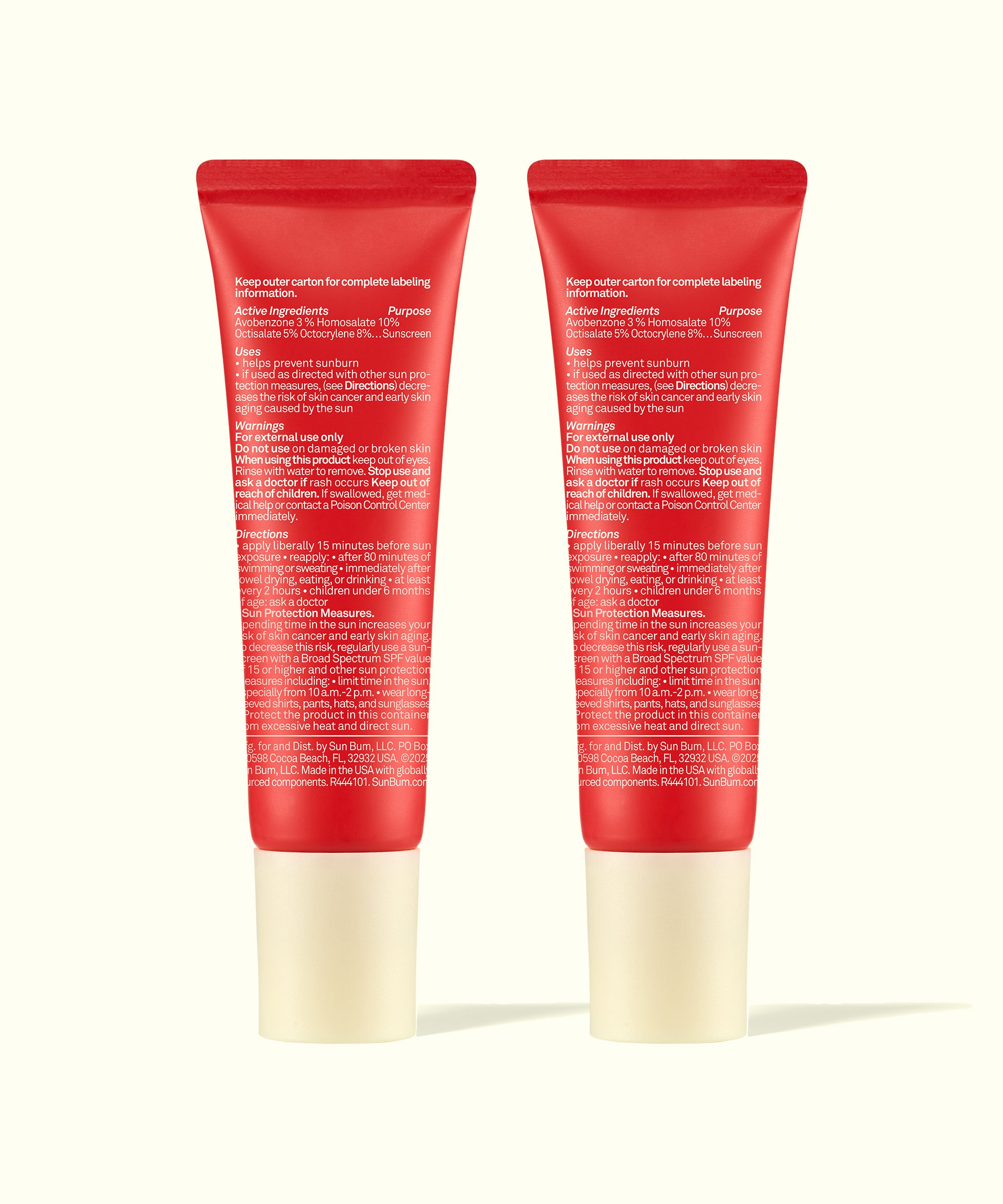 Two red tubes of Sun Bum Lip 30 Duo: Heat Wave + Heat Wave with white caps, back packaging text visible.