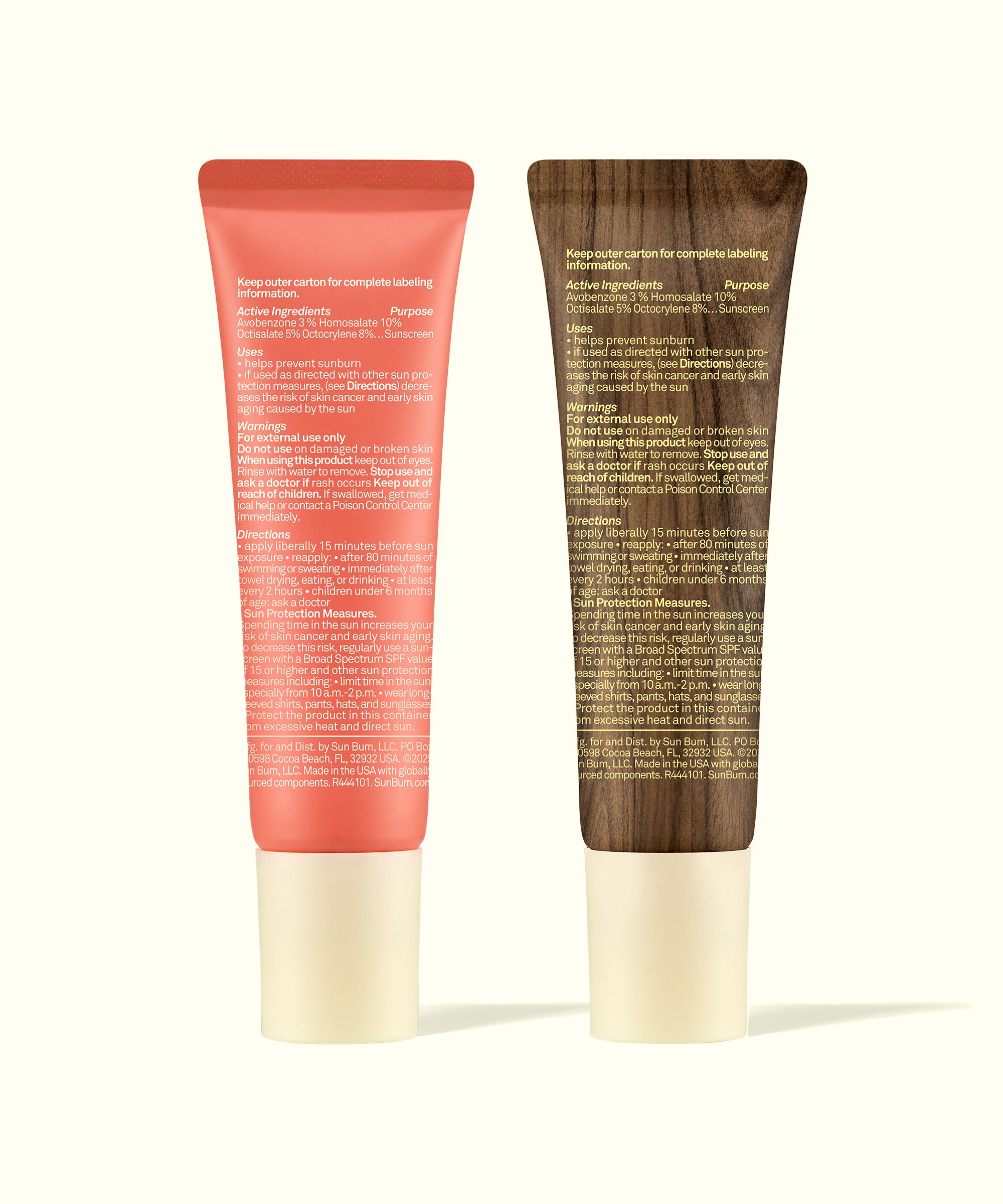 Back and front view of Sun Bum Lip 30 Duo: Clear + Sunset Cove tubes with detailed labeling and wooden texture design.