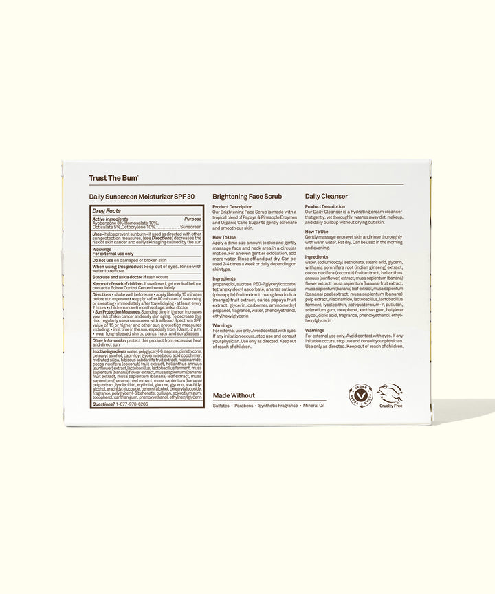 Back of the Skin Care Travel Essentials Kit packaging showing product details and ingredients for Daily Sunscreen Moisturizer SPF 30, Brightening Face Scrub, and Daily Cleanser from Sun Bum.