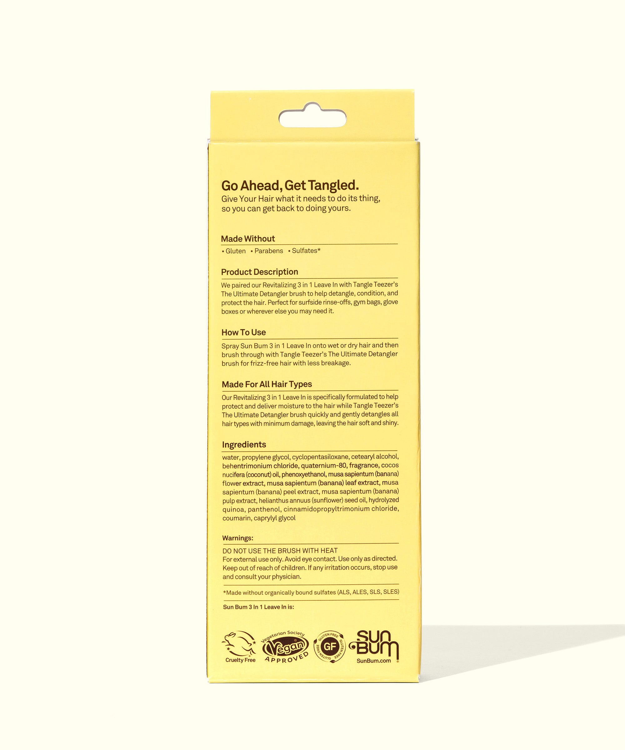 Yellow product box for Sun Bum x Tangle Teezer detangling duo, displaying product description, ingredients, and usage instructions. Features "Go Ahead, Get Tangled" tagline and cruelty-free, vegan certifications. Perfect for hassle-free hair care on-the-go. Sun Bum