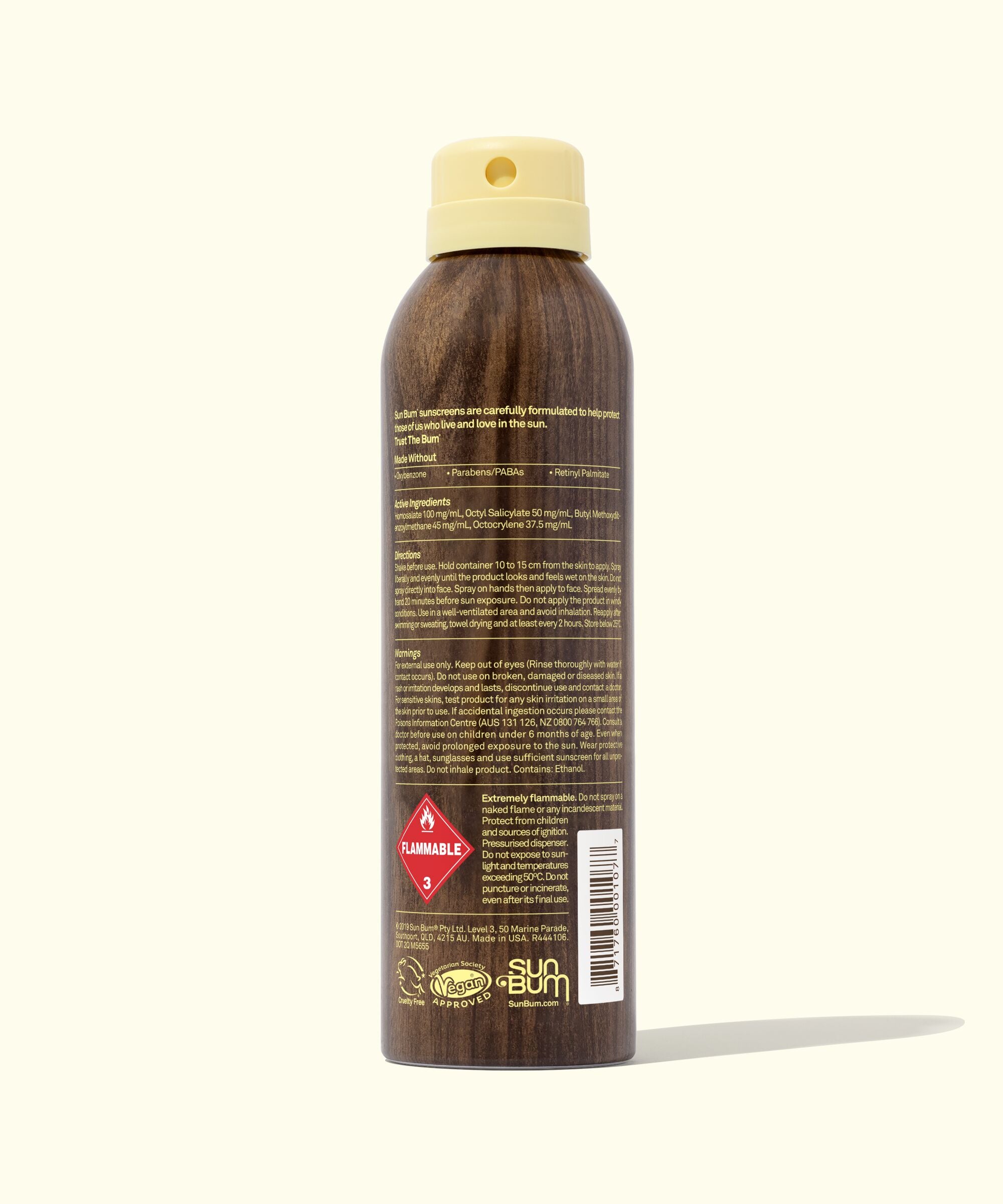Back of Sun Bum Original 30 Sunscreen Spray in Can with Woodgrain and Sonny Logo 