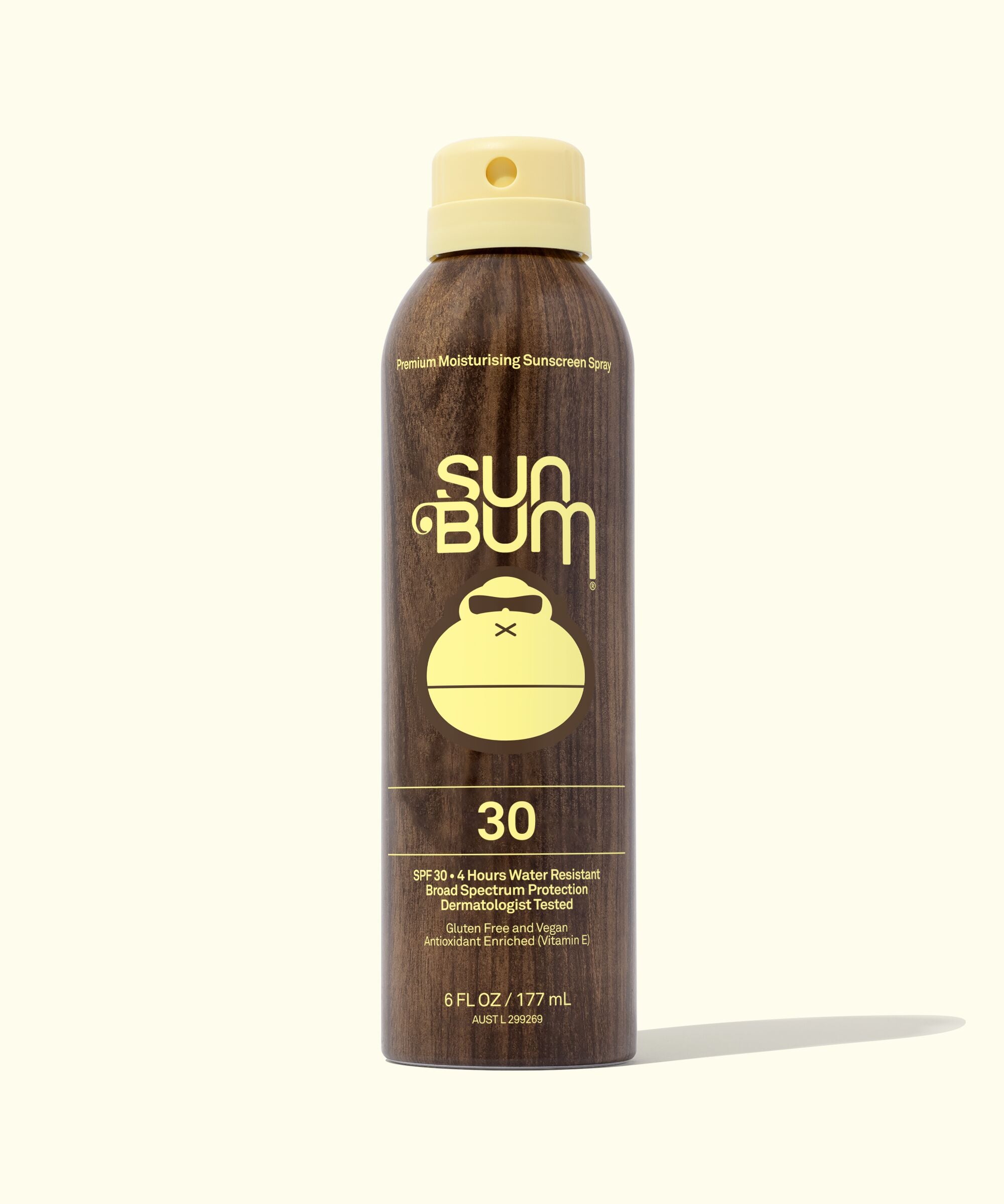 Sun Bum Original 30 Sunscreen Spray in Can with Woodgrain and Sonny Logo 