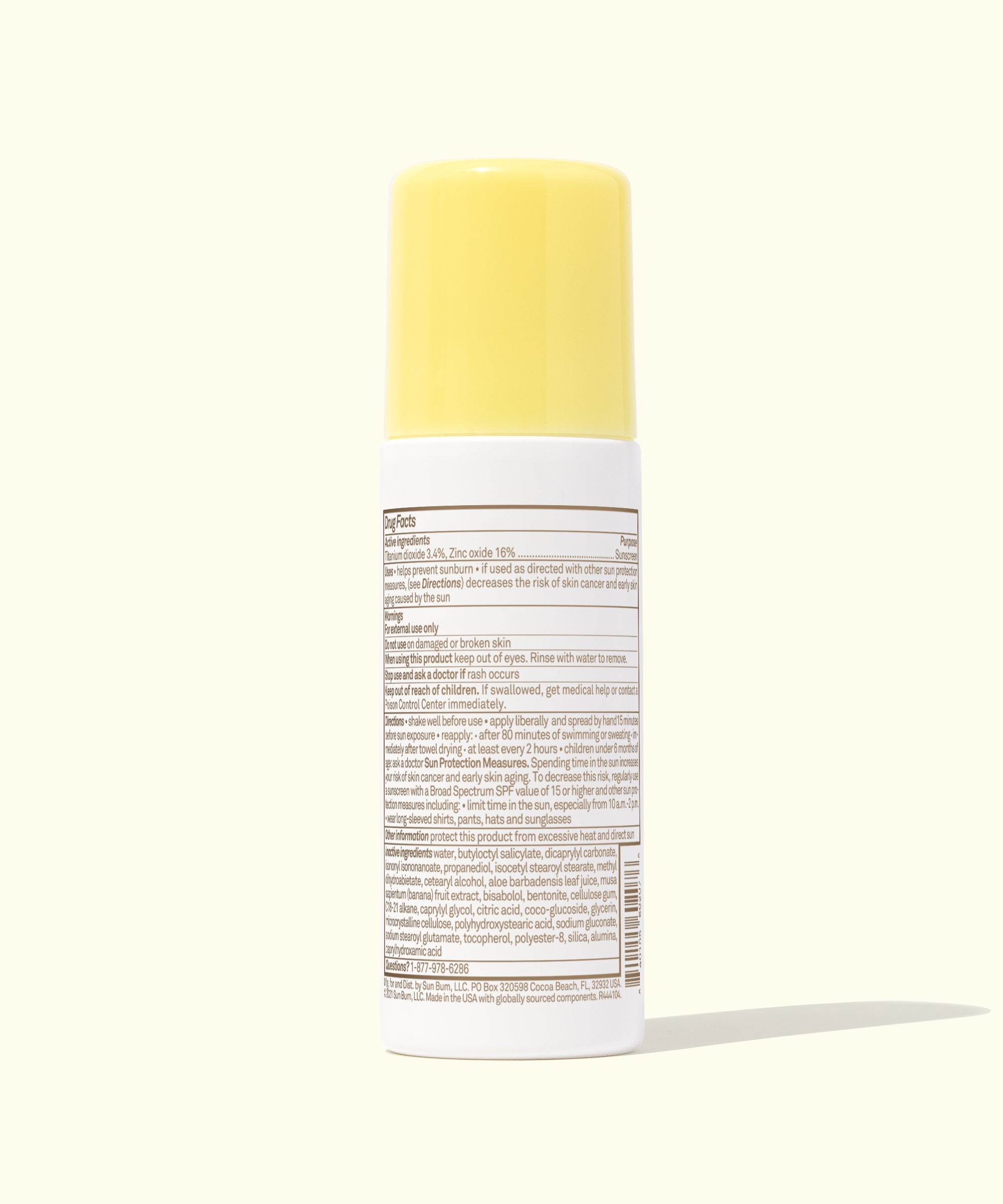 Back view of Baby Bum Mineral SPF 50 Roll-On Sunscreen with ingredient label, easy to apply, lightweight sunscreen by Baby Bum