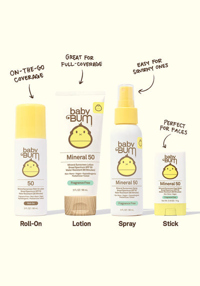 Collection of baby skincare products with text highlighting features.