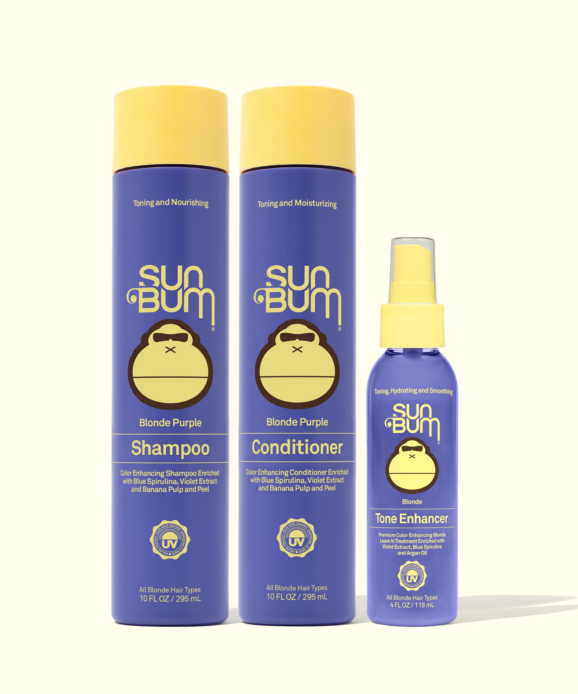 Sun Bum shampoo, conditioner, and tone enhancer bottles on a white background