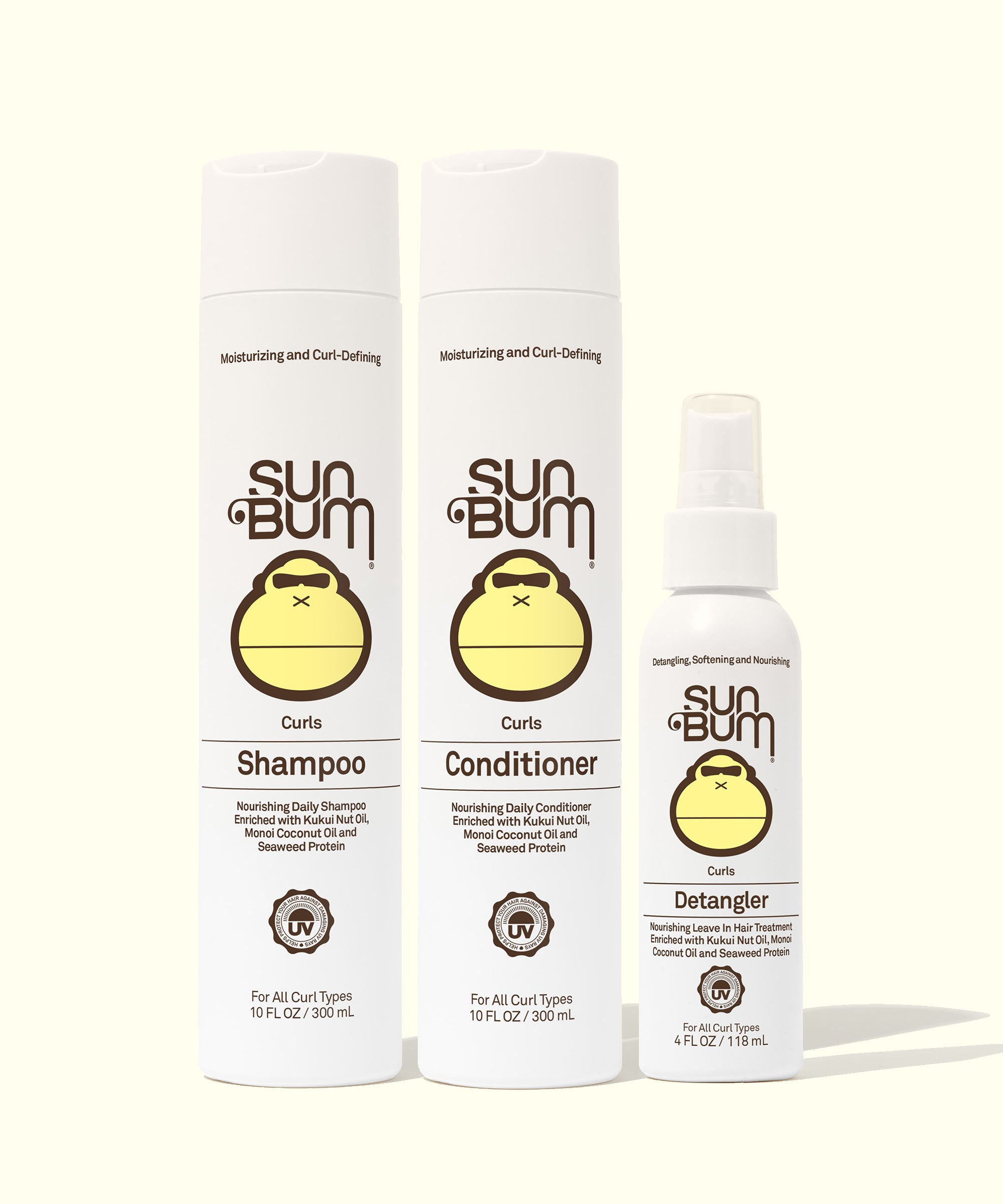 Sun Bum Curls Hair Care Bundle with shampoo, conditioner, and detangler for curly hair care.