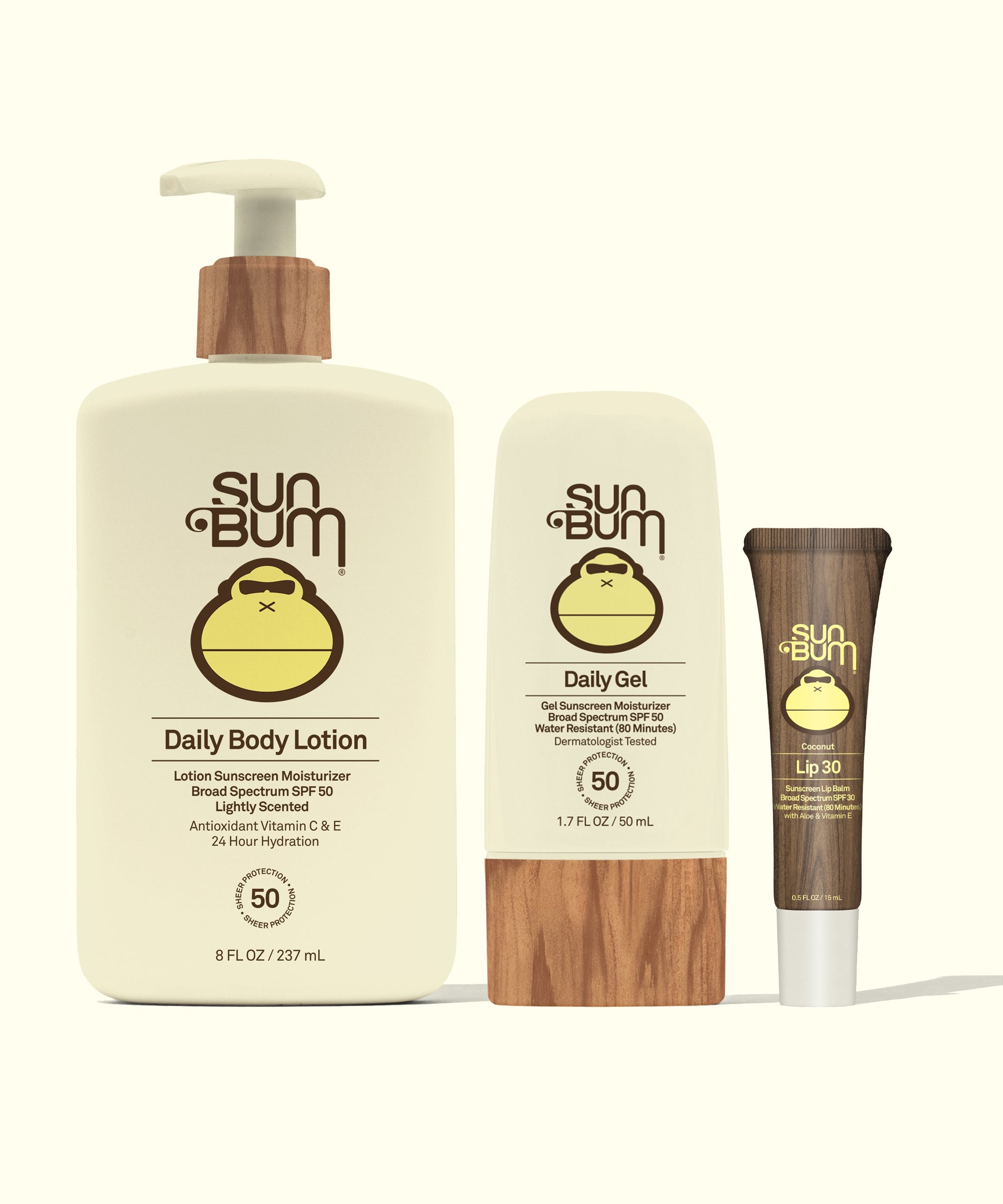 Sun Bum Daily + Lip Bundle with Daily Body Lotion, Daily Gel SPF 50, and Lip 30 for everyday skin protection and care