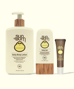 Sun Bum Daily + Lip Bundle with Daily Body Lotion, Daily Gel SPF 50, and Lip 30 for everyday skin protection and care