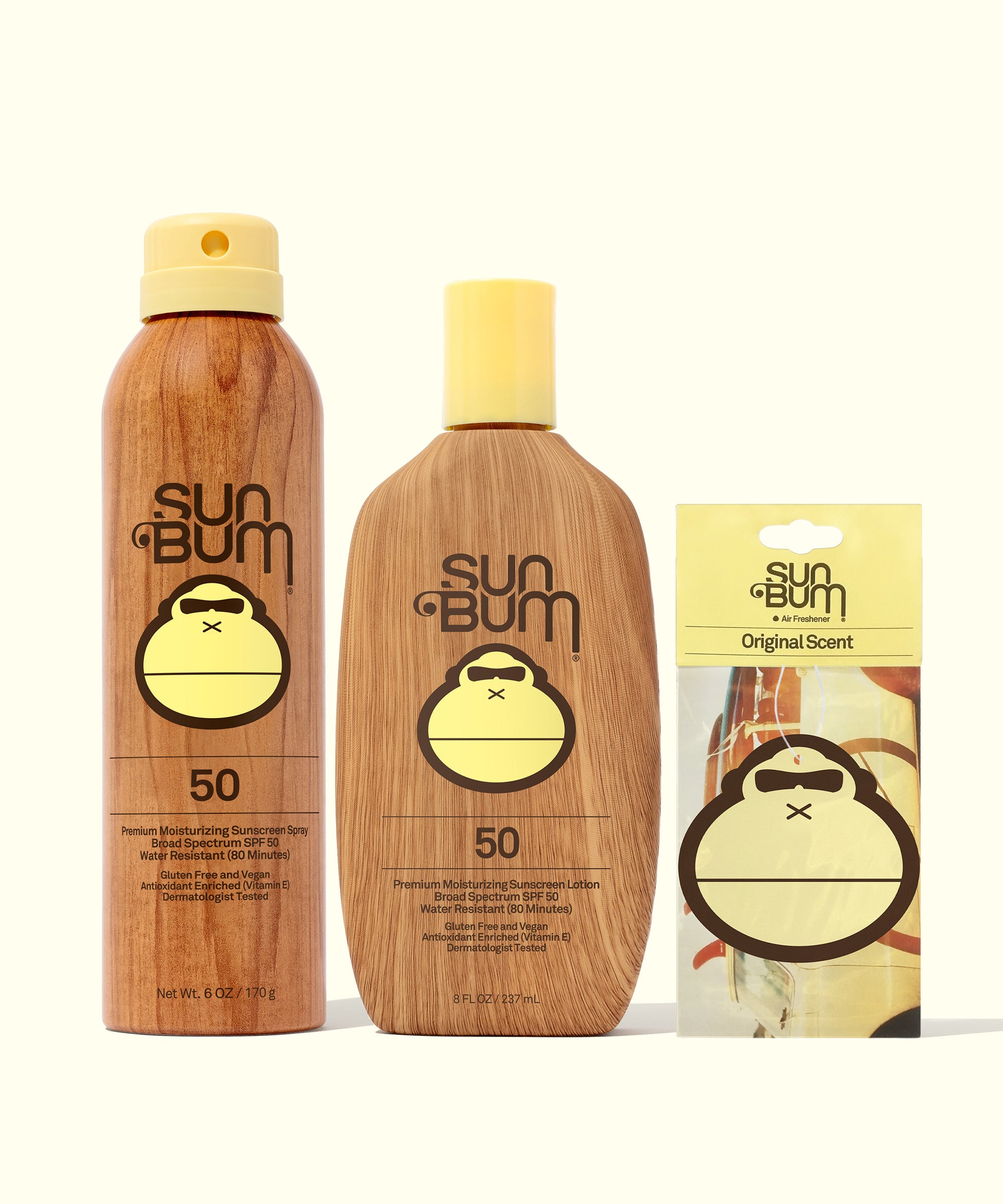 Sun Bum sunscreen bottles and packaging on a white background