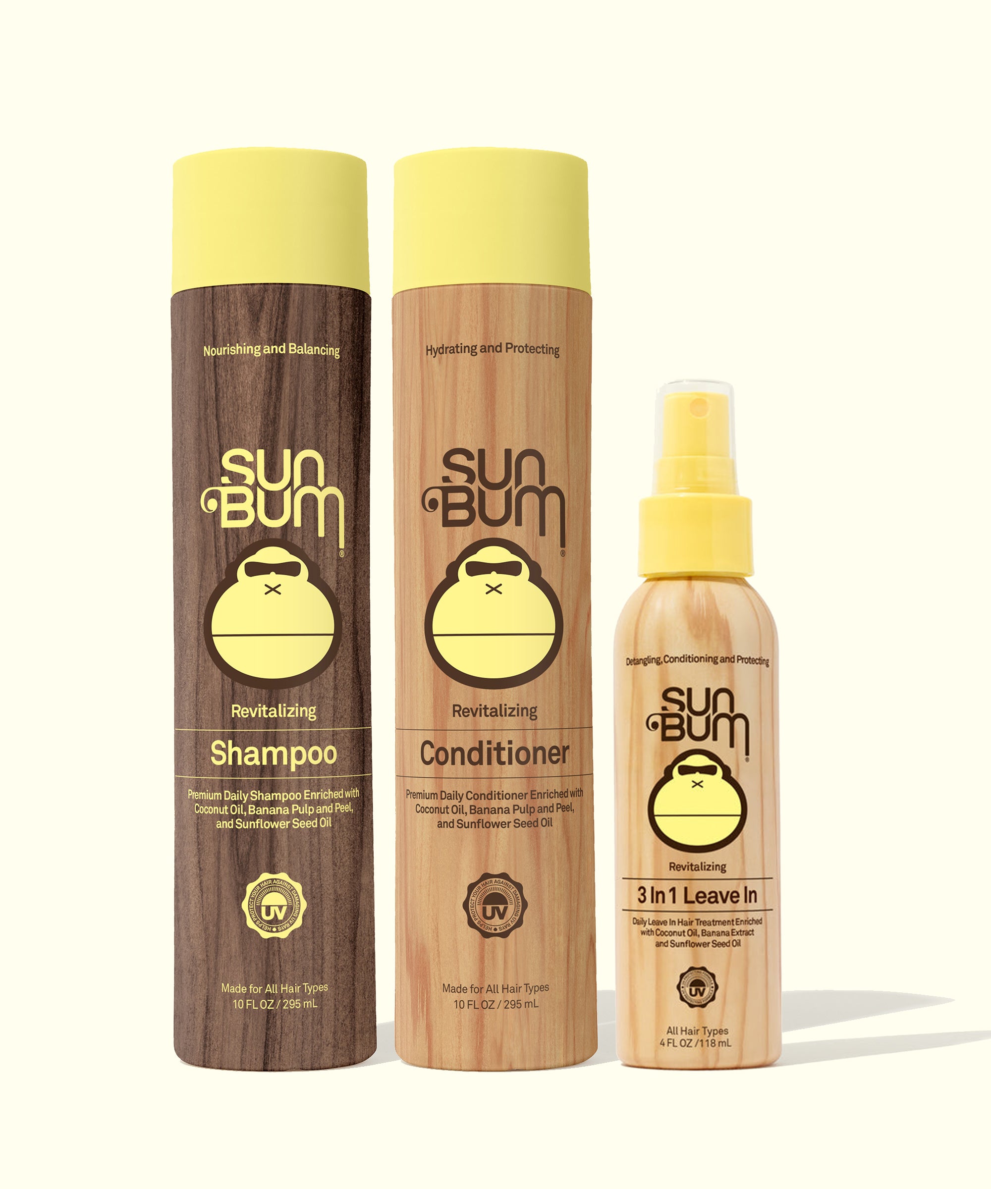 Sun Bum shampoo, conditioner, and leave-in product set on a white background