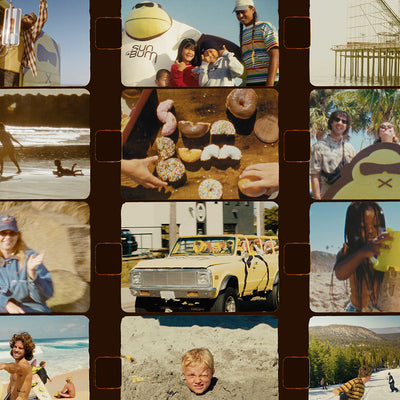 Collage of various photos including people, food, and vehicles with a film reel border.