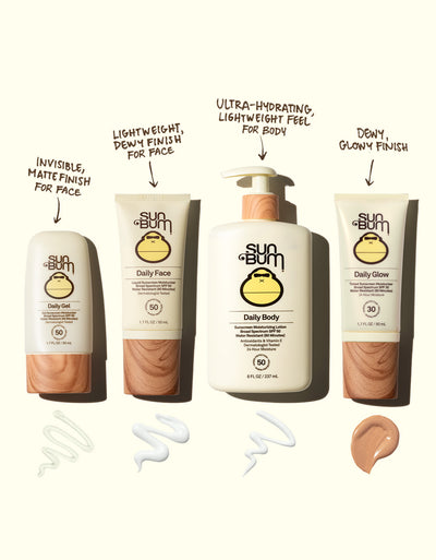 Lineup of Sun Bum Daily sunscreens with textures shown: Gel, Face, Body, and Glow SPF options – Daily Collection - Sun Bum.