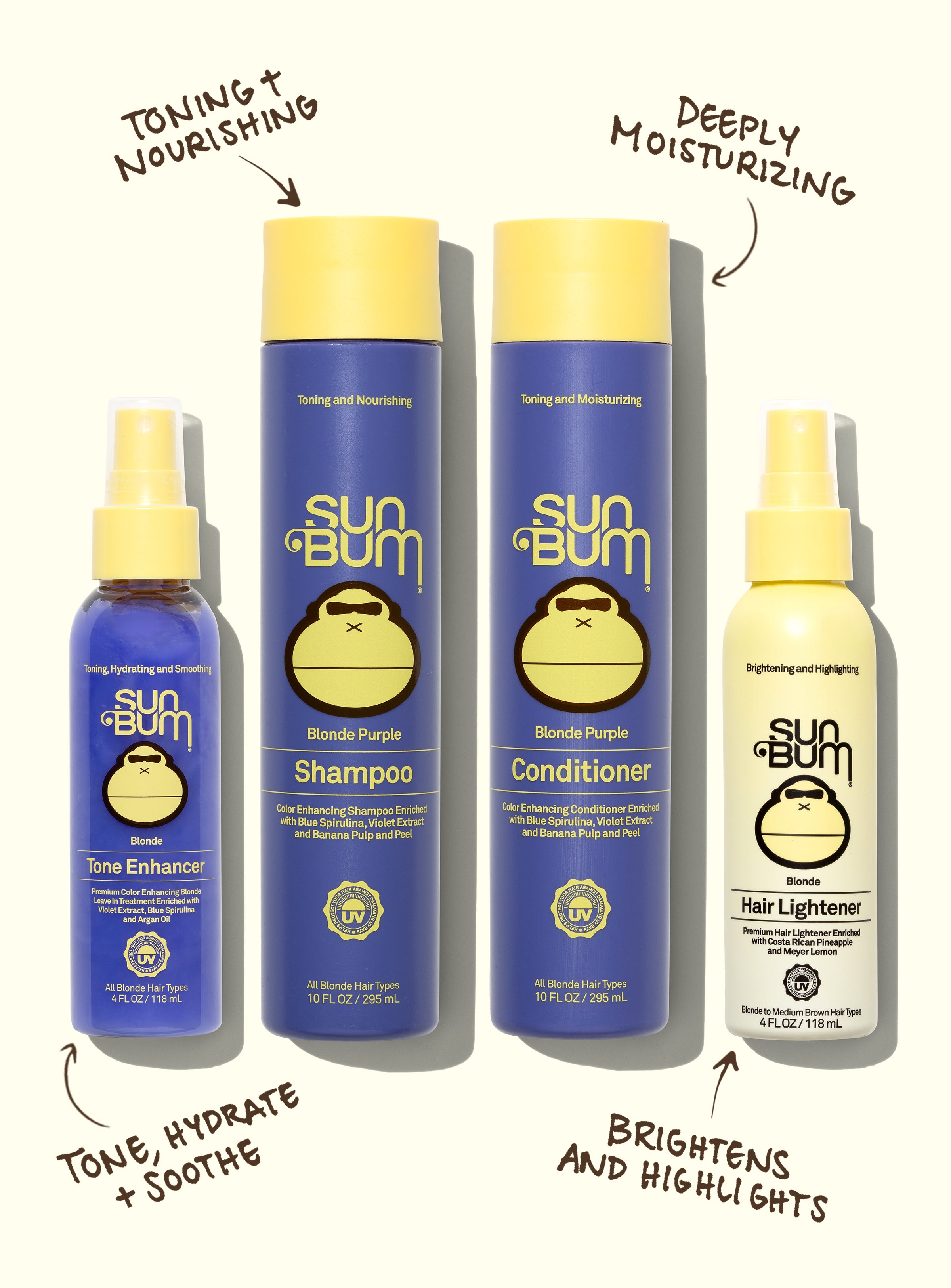 Sun Bum hair care products including shampoo, conditioner, and hair lightener with text describing their benefits.