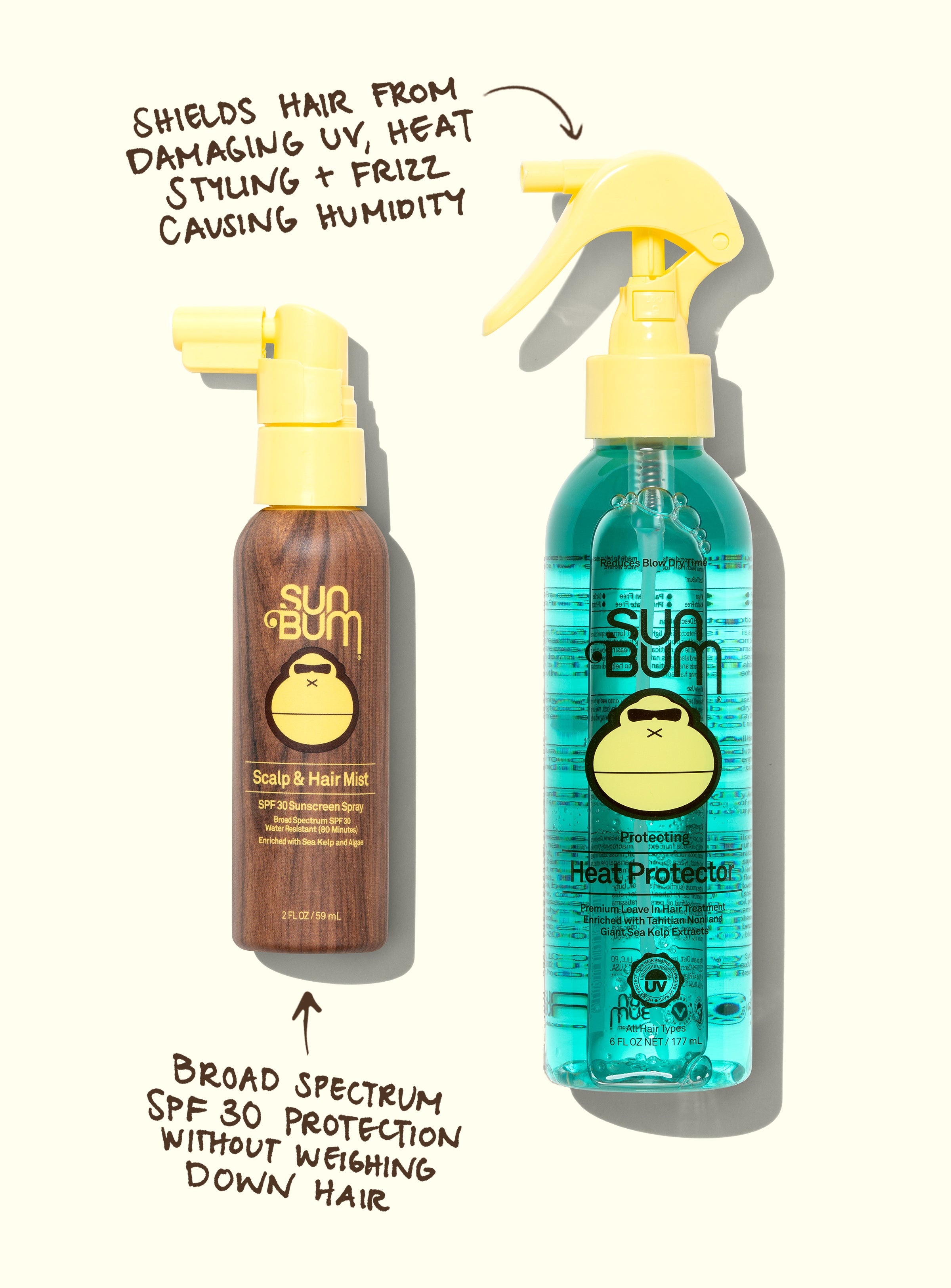 Two bottles of Sun Bum hair care products on a white background with text describing their benefits.