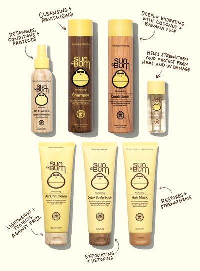 Sun Bum hair care product lineup with descriptions on a white background