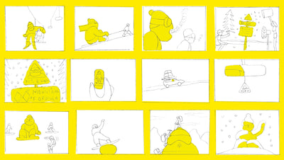 Grid of cartoon illustrations on a yellow background