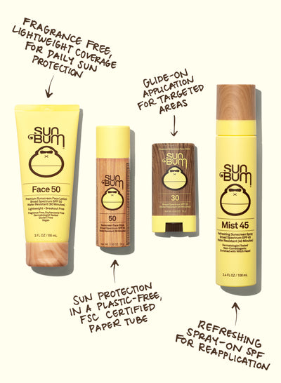 Original SPF collection featuring face lotion, stick, paper tube, and mist for daily sun protection - Original SPF Collection - Sun Bum