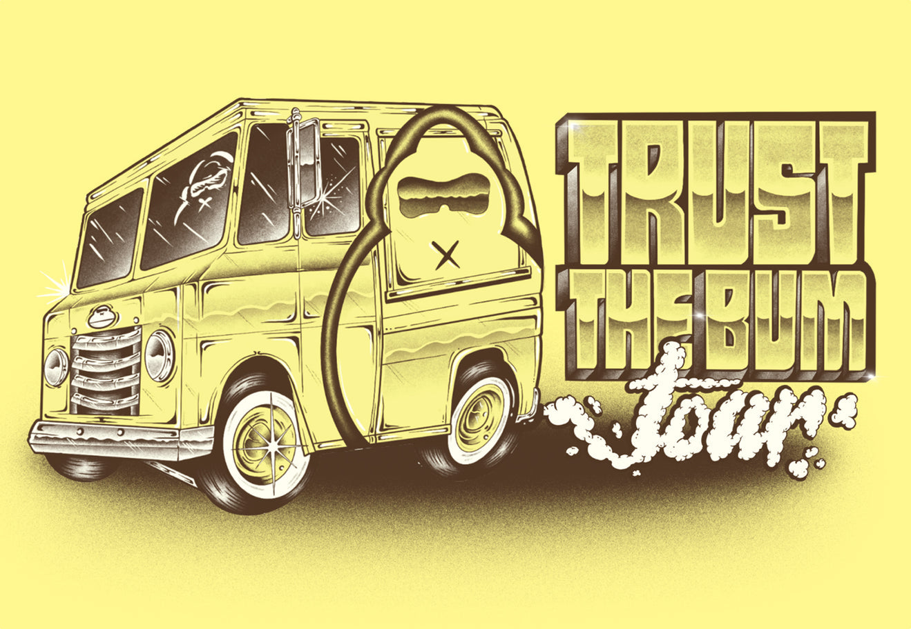 Graphic of the Sun Bum's ice cream truck. Trust the Bum Tour