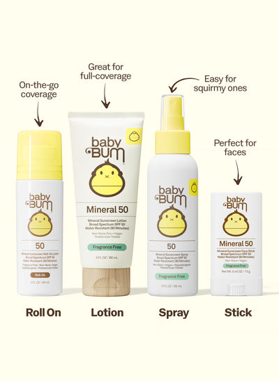 Baby sunscreen products including roll-on, lotion, spray, and stick with 'baby bum' branding.